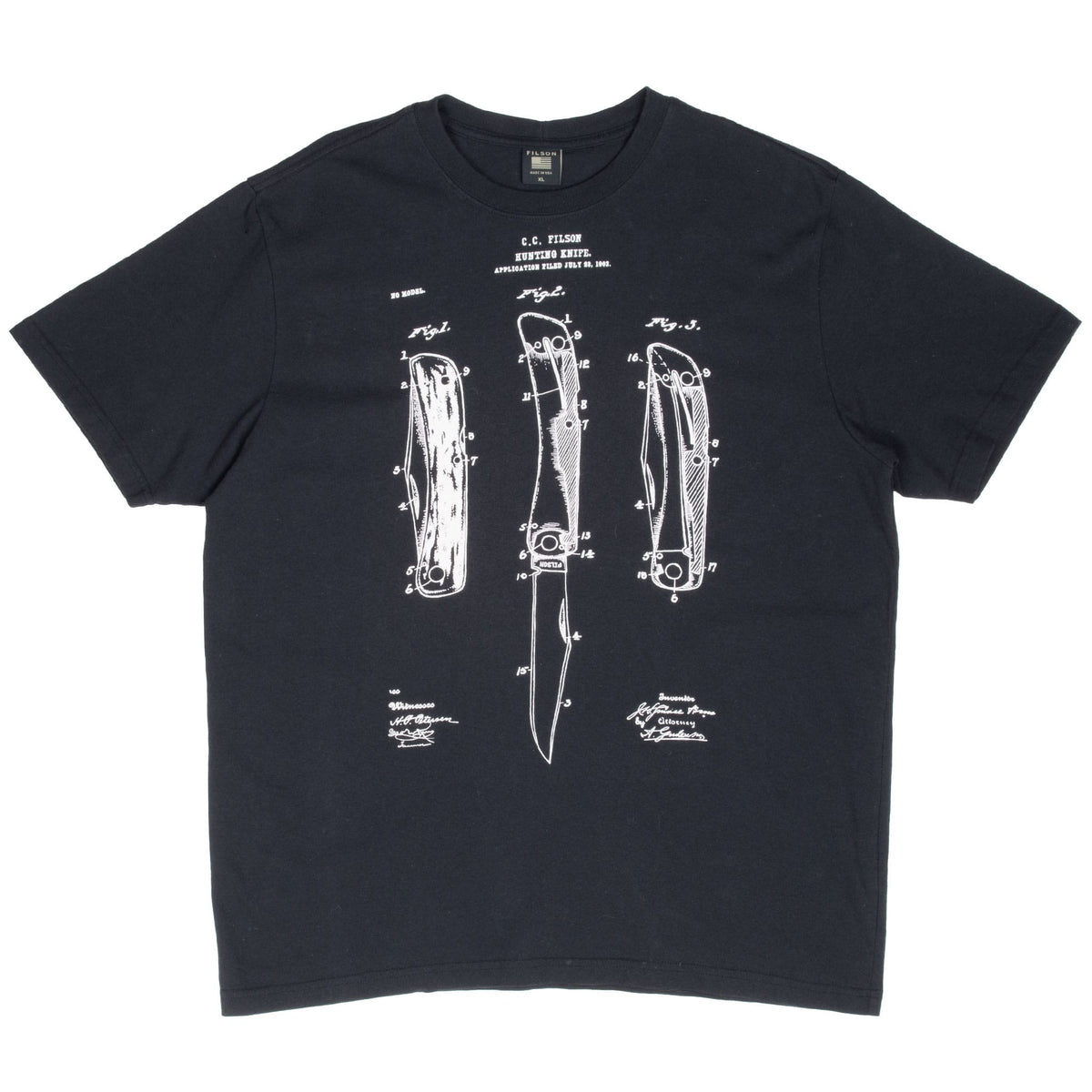 Full front view of black Filson T-shirt with white knife diagram print