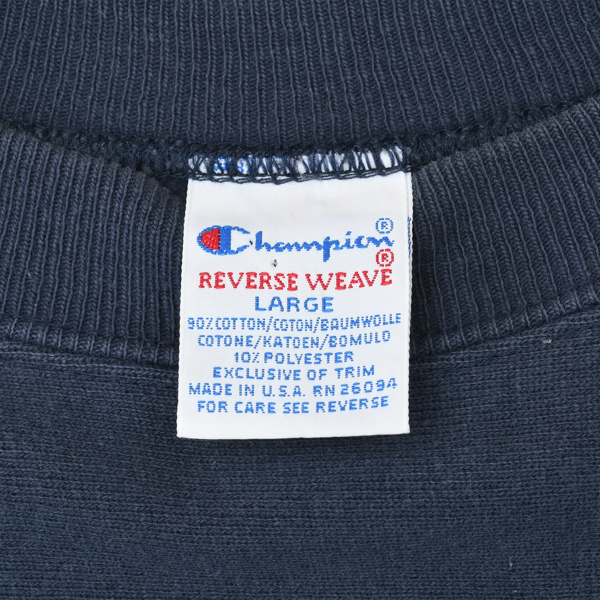 Champion Reverse Weave neck label marked large and Made in USA