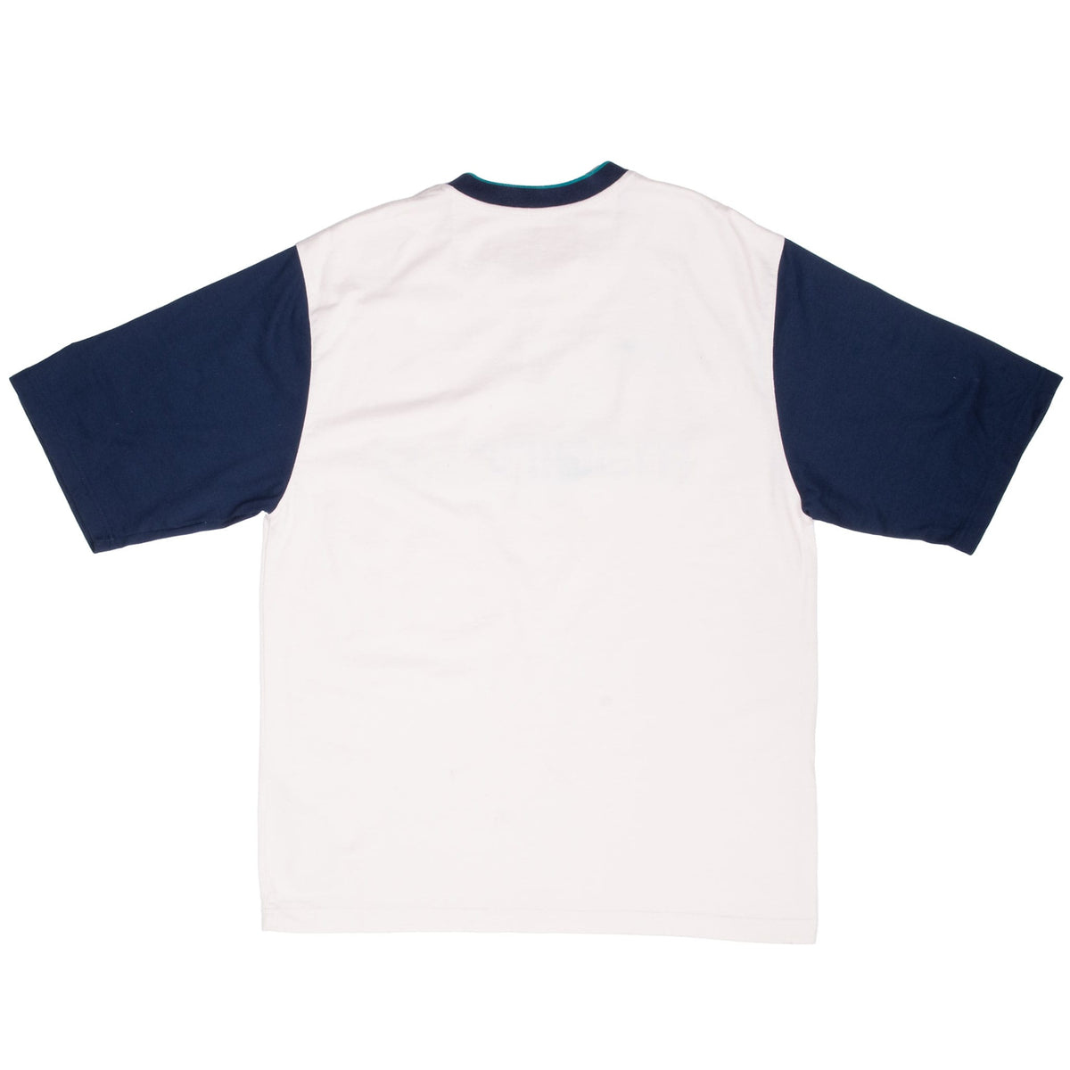 Back of Nike Seattle Mariners shirt with plain white body and navy short sleeves