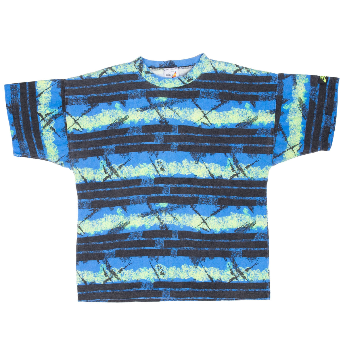 Full front view of Hobie surf T-shirt with blue, aqua, and black all-over print