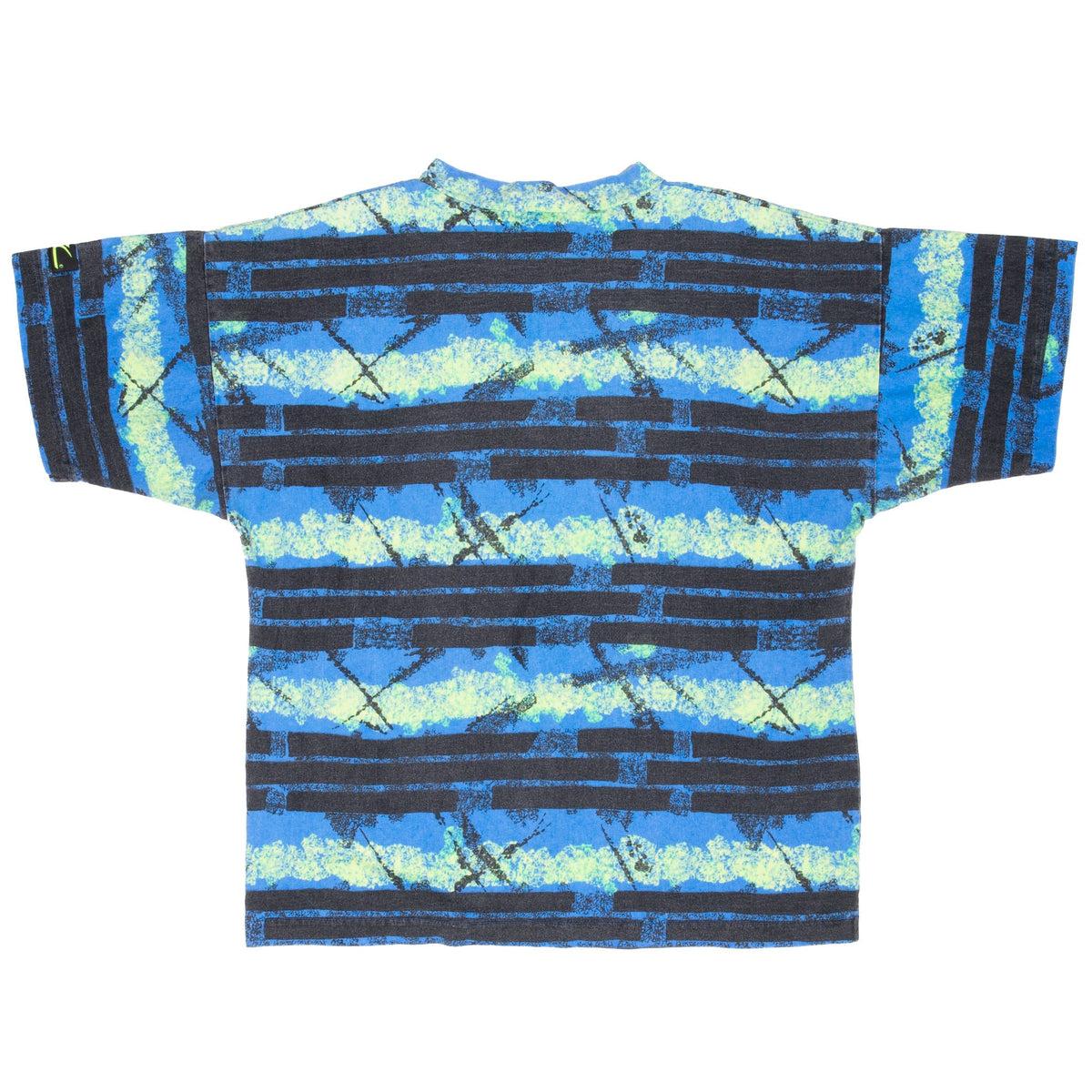 Back of Hobie surf T-shirt with blue, aqua, and black all-over abstract print