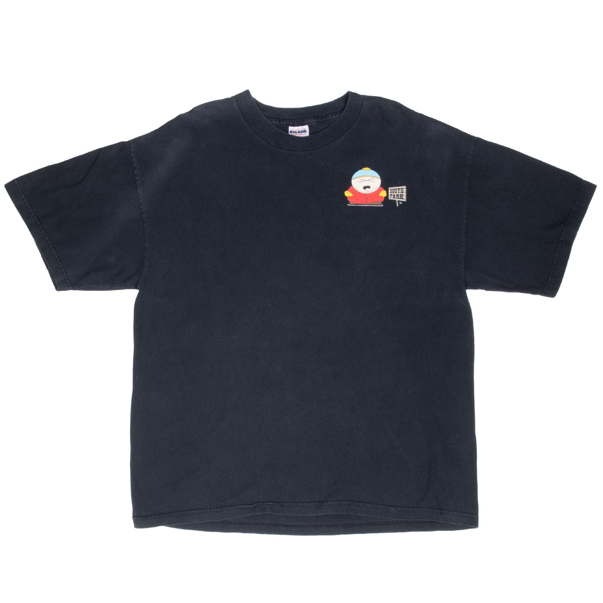 Front of black South Park T-shirt with small Eric Cartman chest graphic