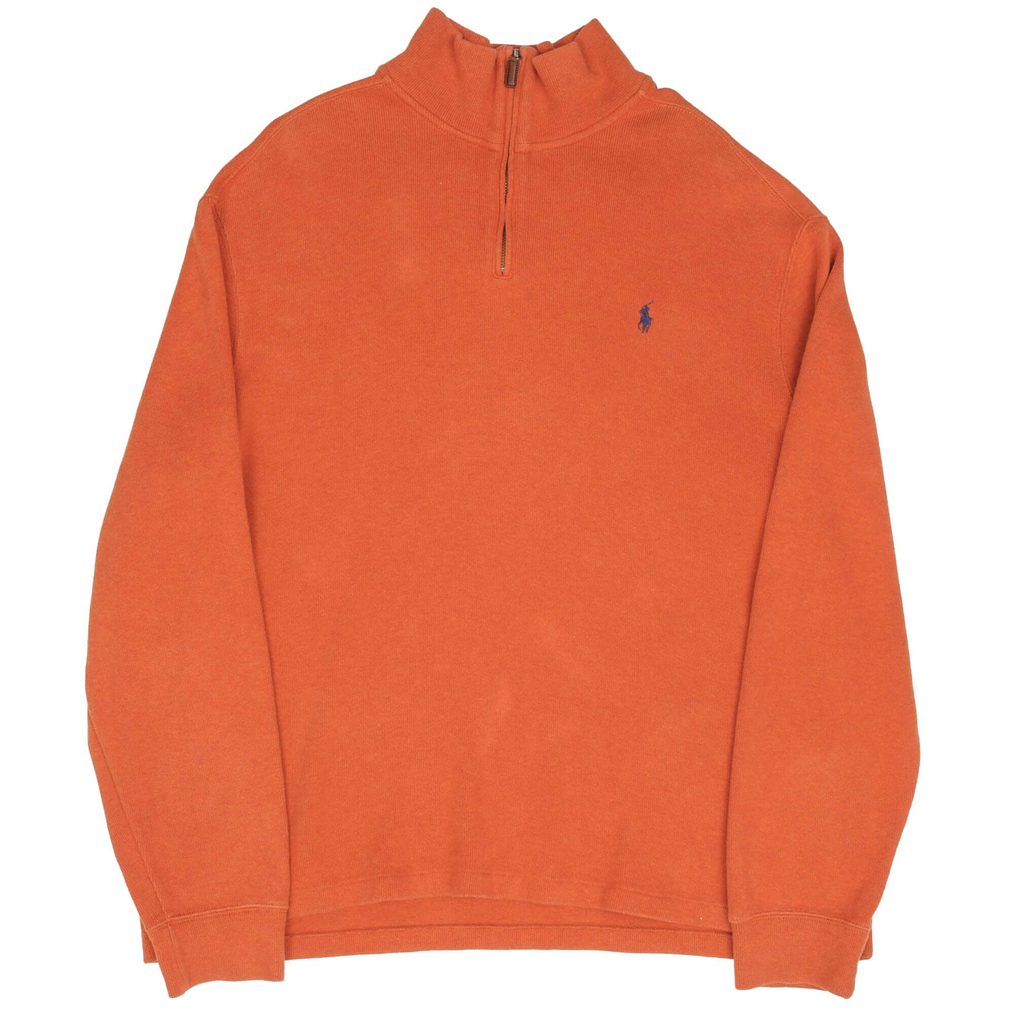 Full front of orange Polo Ralph Lauren quarter-zip sweater with blue pony embroidery