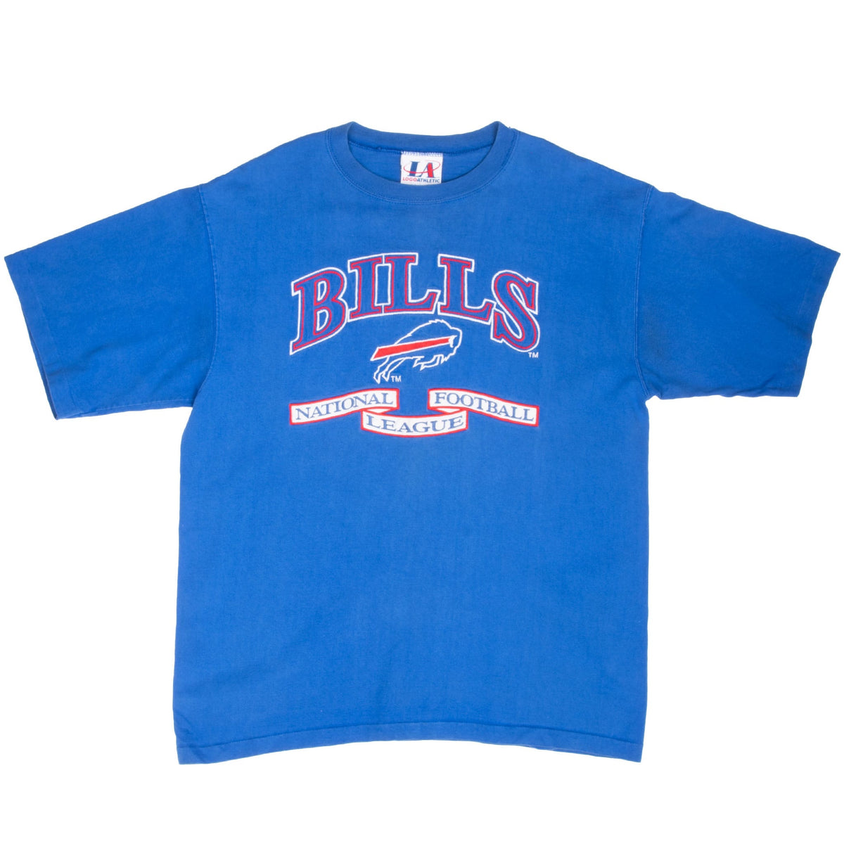Full front view of blue Buffalo Bills NFL T-shirt with red and white embroidered graphic