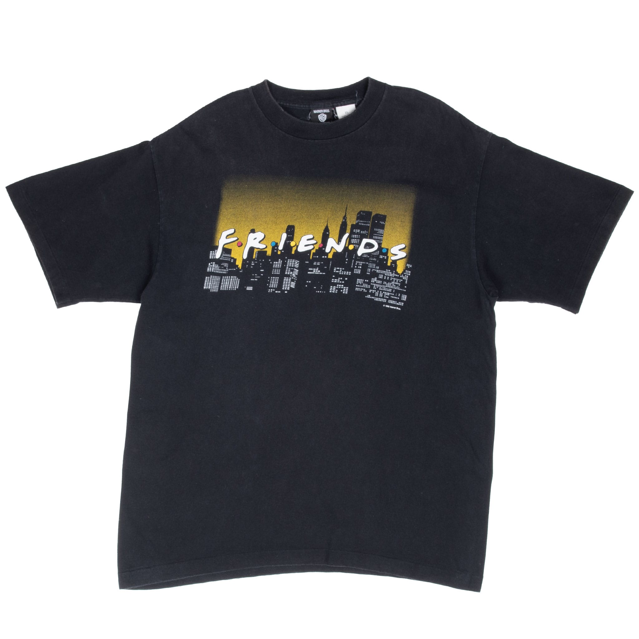 Front of black Friends TV show T-shirt with logo and city skyline graphic