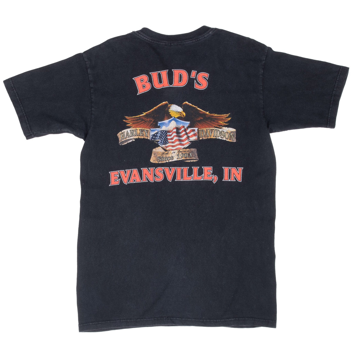 Full back of black Harley-Davidson T-shirt with Bud's Evansville, IN eagle graphic