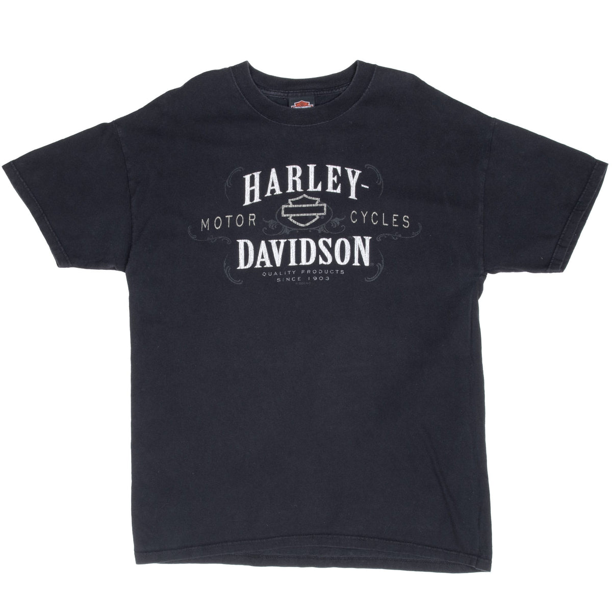 Full front view of black Harley-Davidson T-shirt with white logo graphic