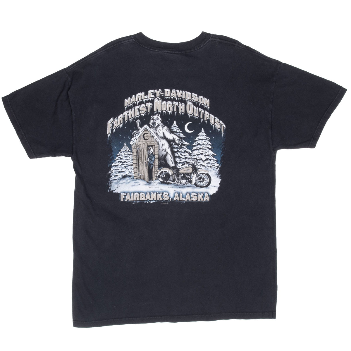 Back of black Harley-Davidson Fairbanks Alaska T-shirt with motorcycle and cabin graphic