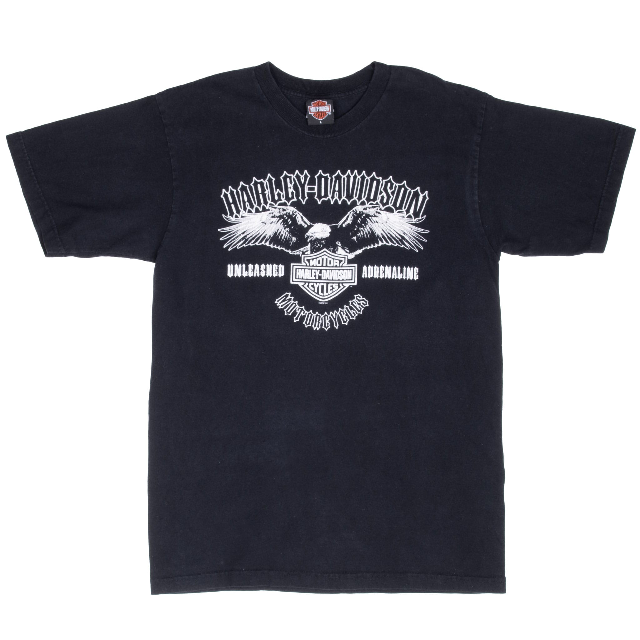 Front of black Harley-Davidson T-shirt with white eagle and Motor Cycles shield graphic