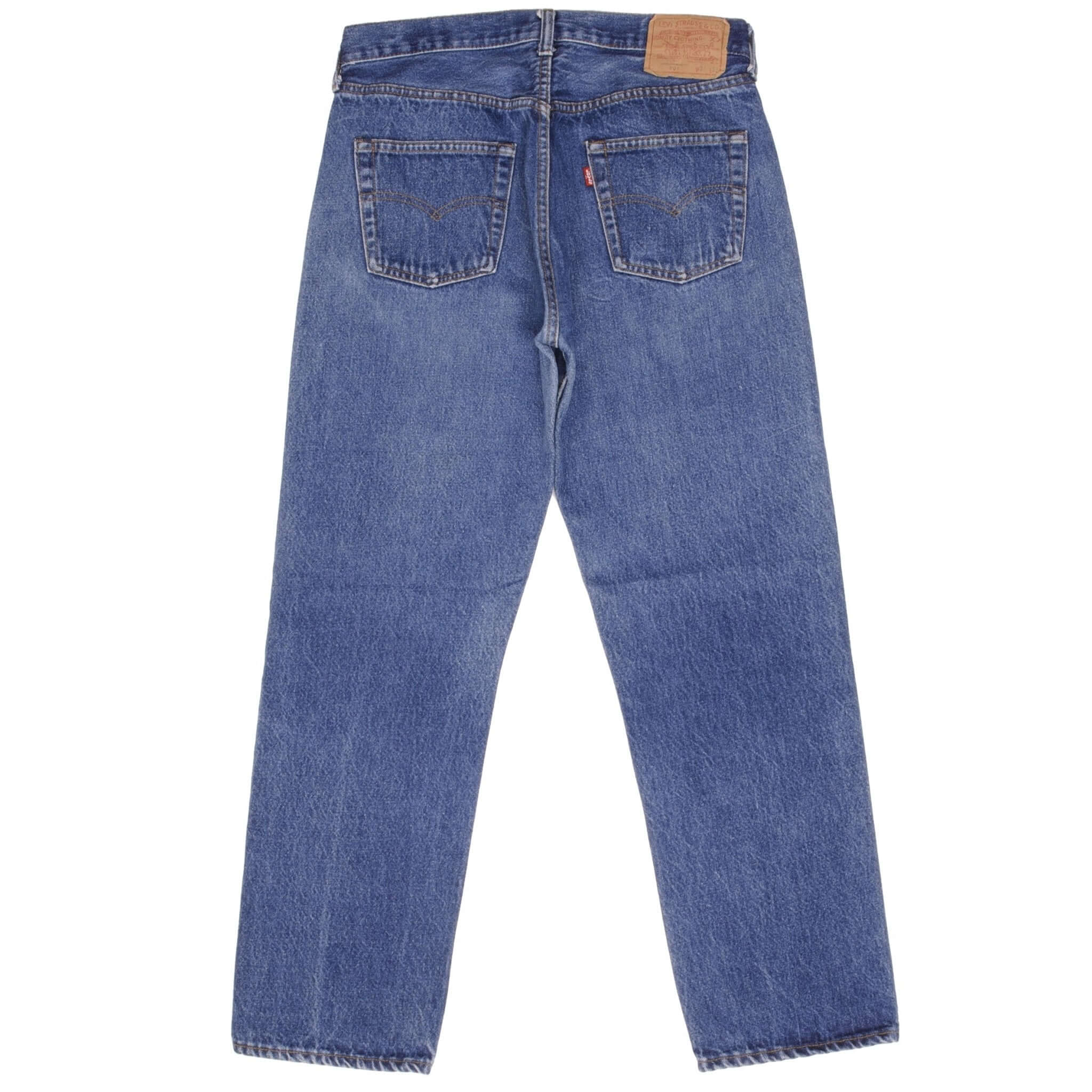 Beautiful Indigo Levis 501 Jeans 1980s Made in USA with Medium Wash With Blue Bar Tacks Size on tag 34X32 Actual Size 33X30 Back Button #558