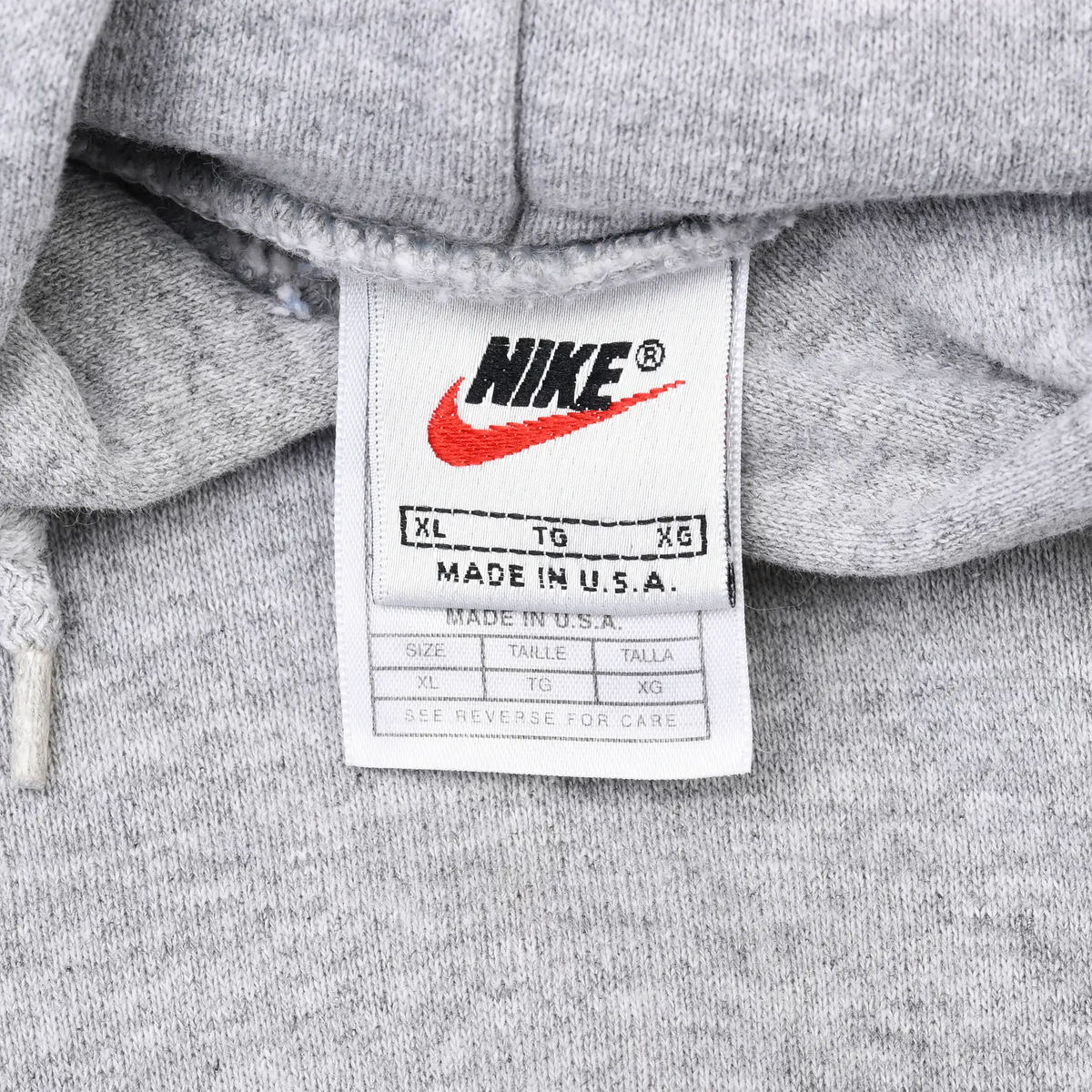 Nike neck tag detail marked XL and Made in U.S.A.