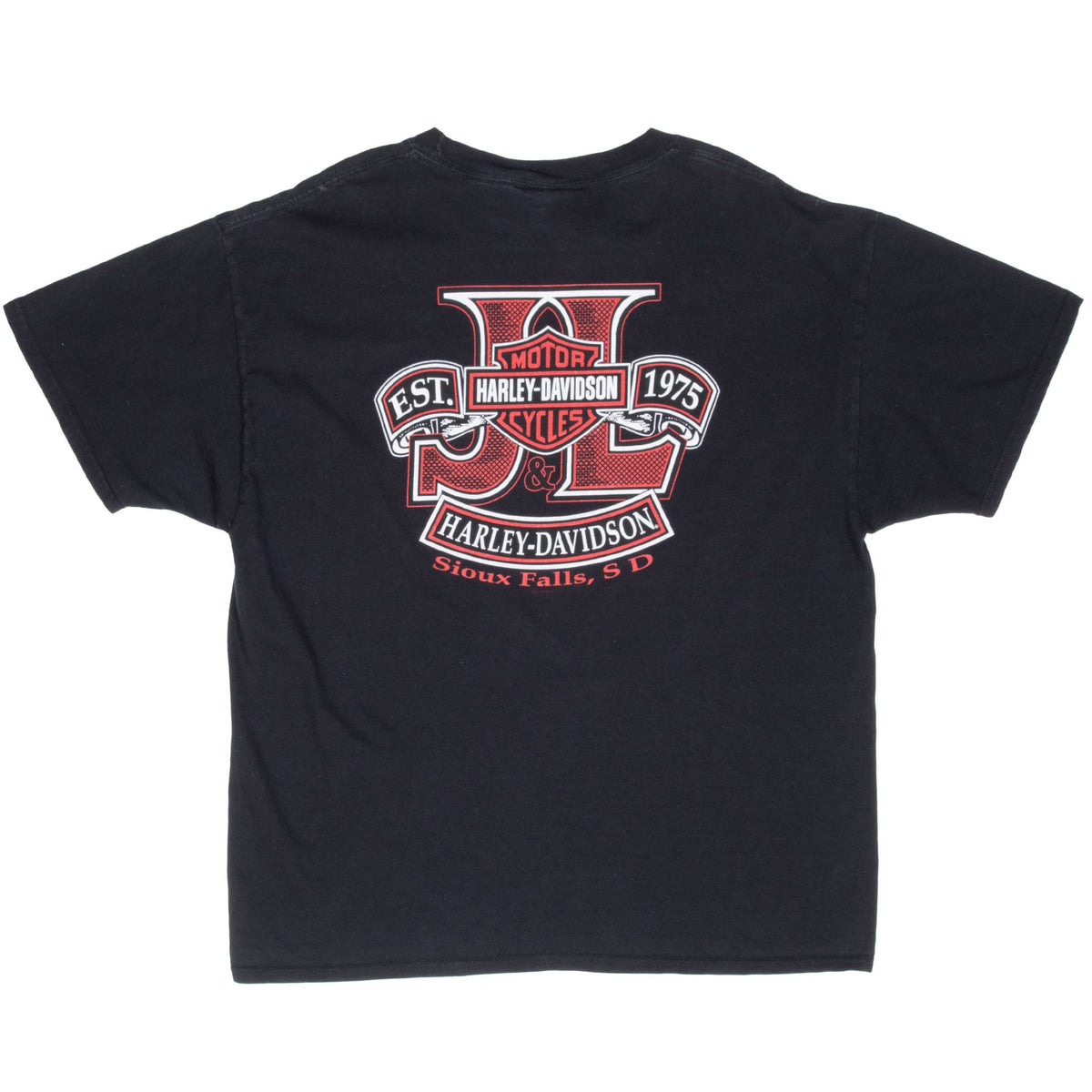 Back of black Harley-Davidson T-shirt with red Sioux Falls, SD dealership graphic