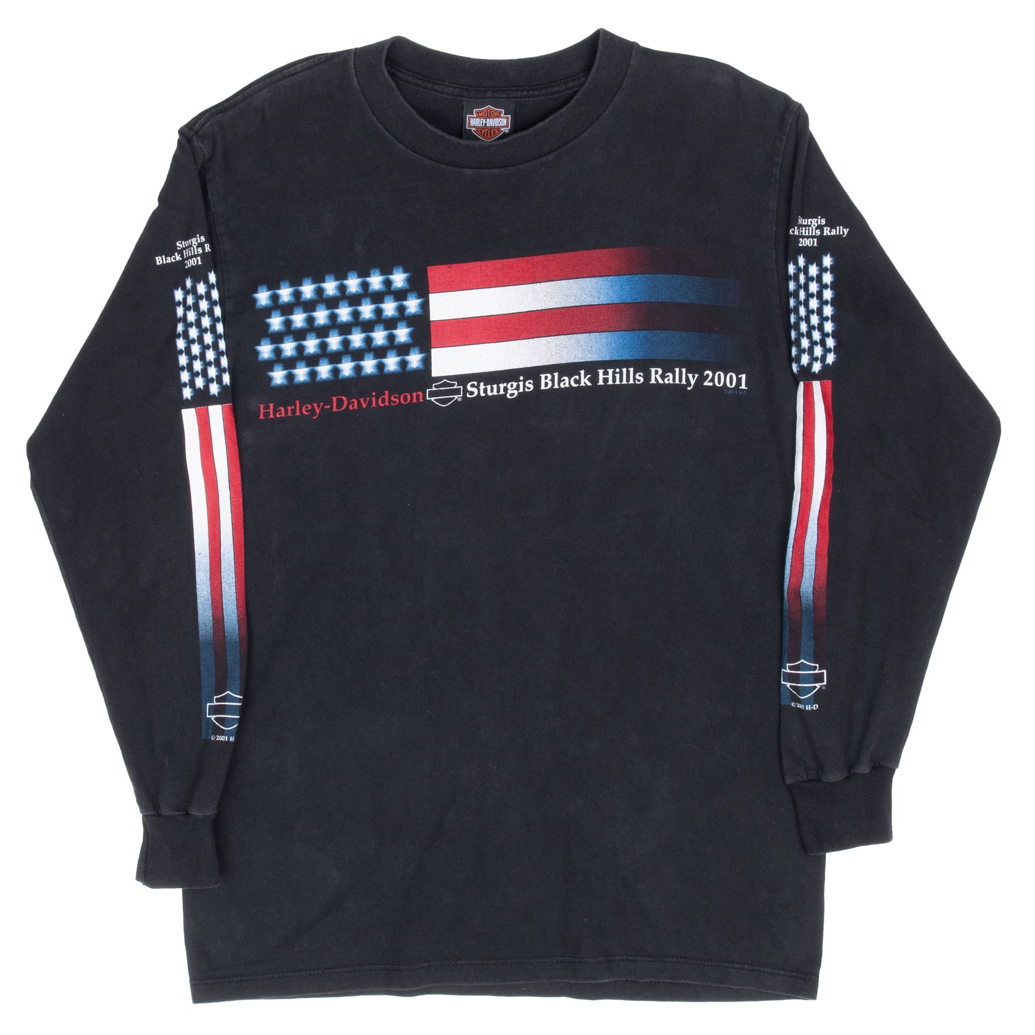 Full front of black Harley-Davidson Sturgis 2001 long-sleeve tee