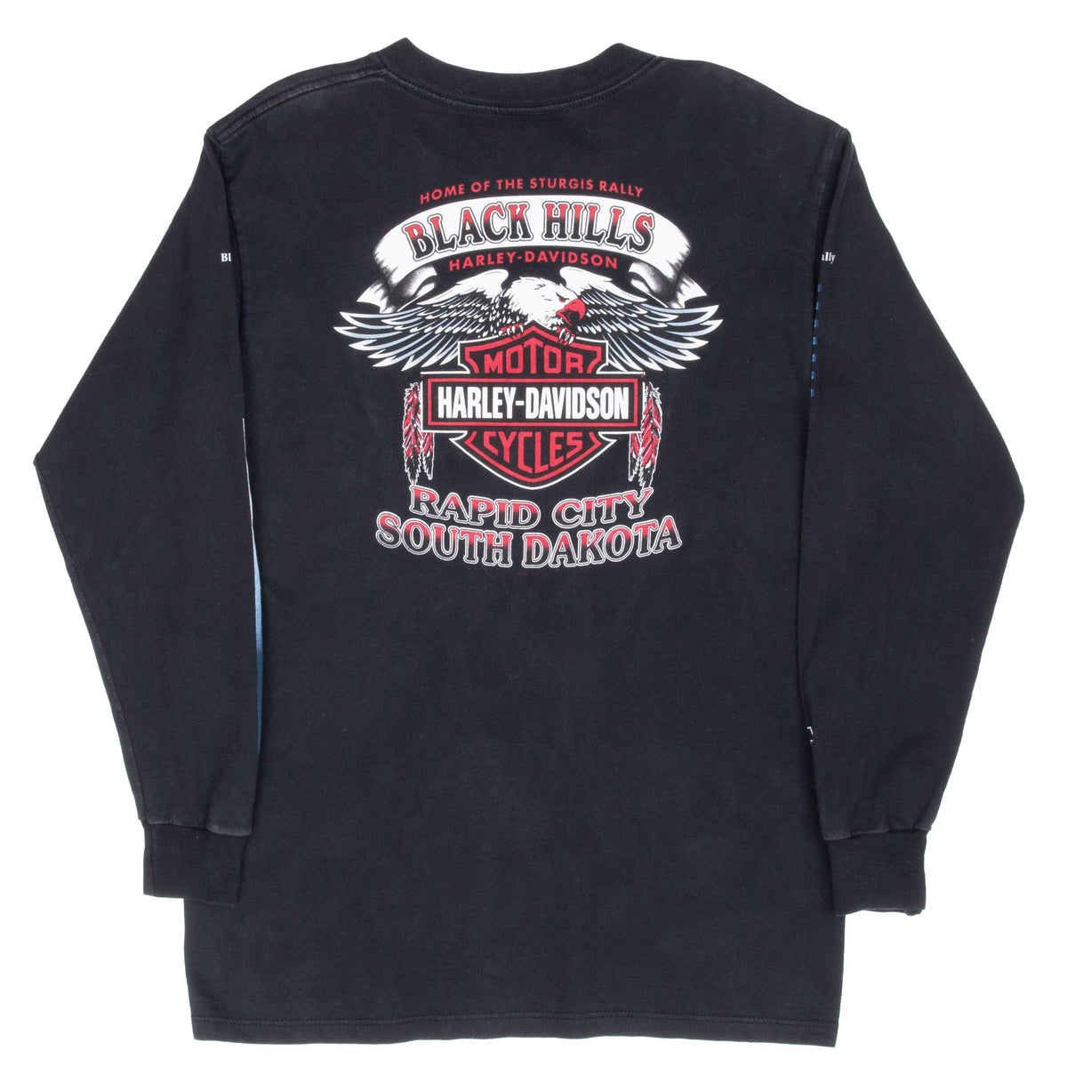 Back of black Harley-Davidson tee with Black Hills eagle and Rapid City graphic