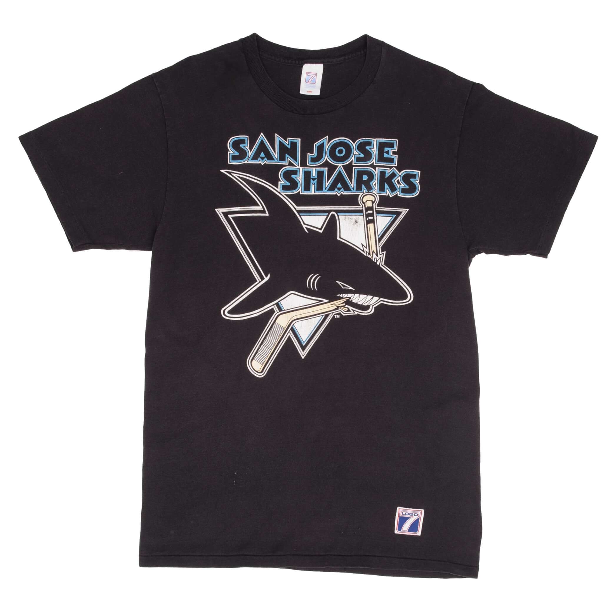 Vintage NHL San Jose Sharks Tee Shirt 1990s Size Large With Single Stitch Sleeves. Made In USA. Logo 7