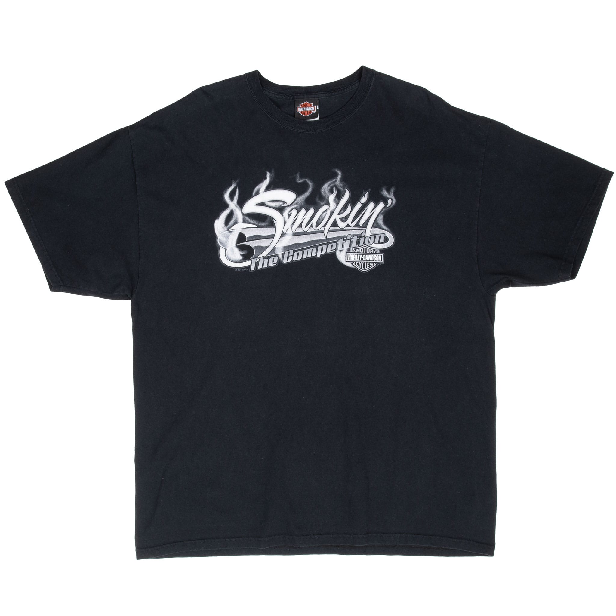Full front view of black Harley-Davidson tee with white flame graphic