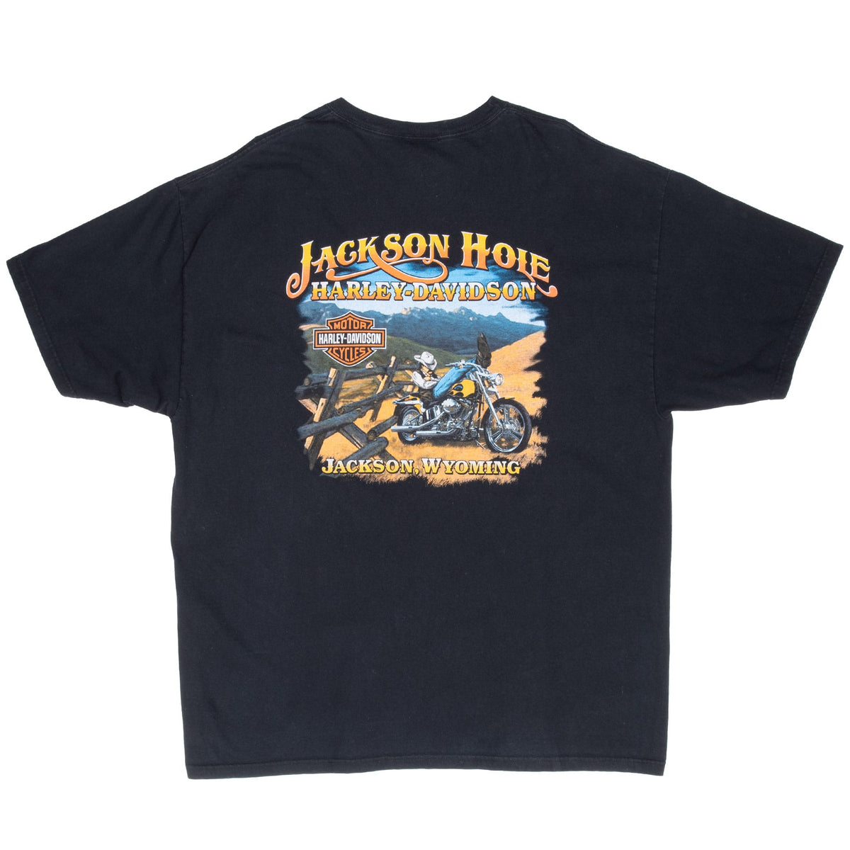 Back of black Harley-Davidson tee with Jackson Hole, Wyoming motorcycle graphic