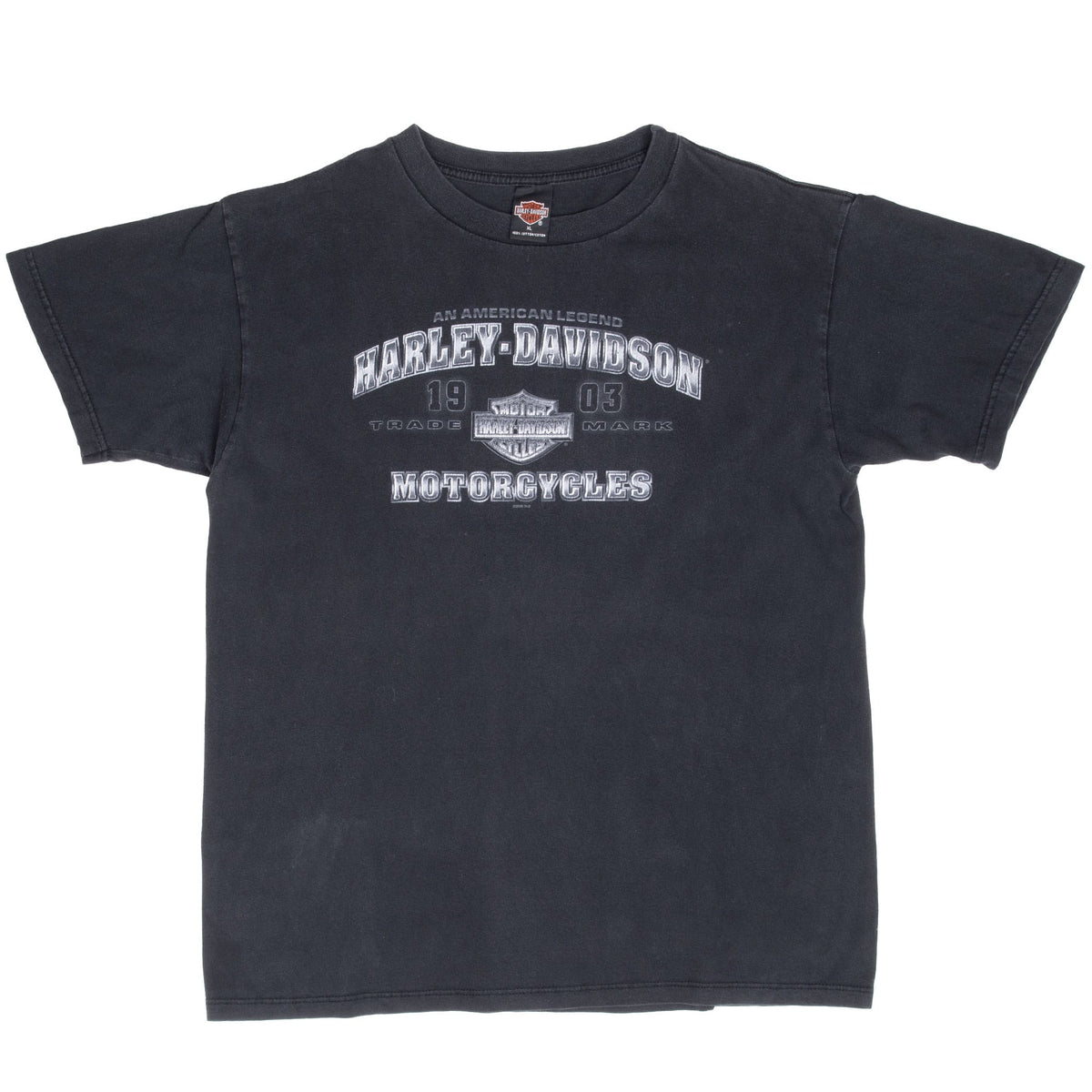 Full front view of black Harley-Davidson T-shirt with white chest graphic