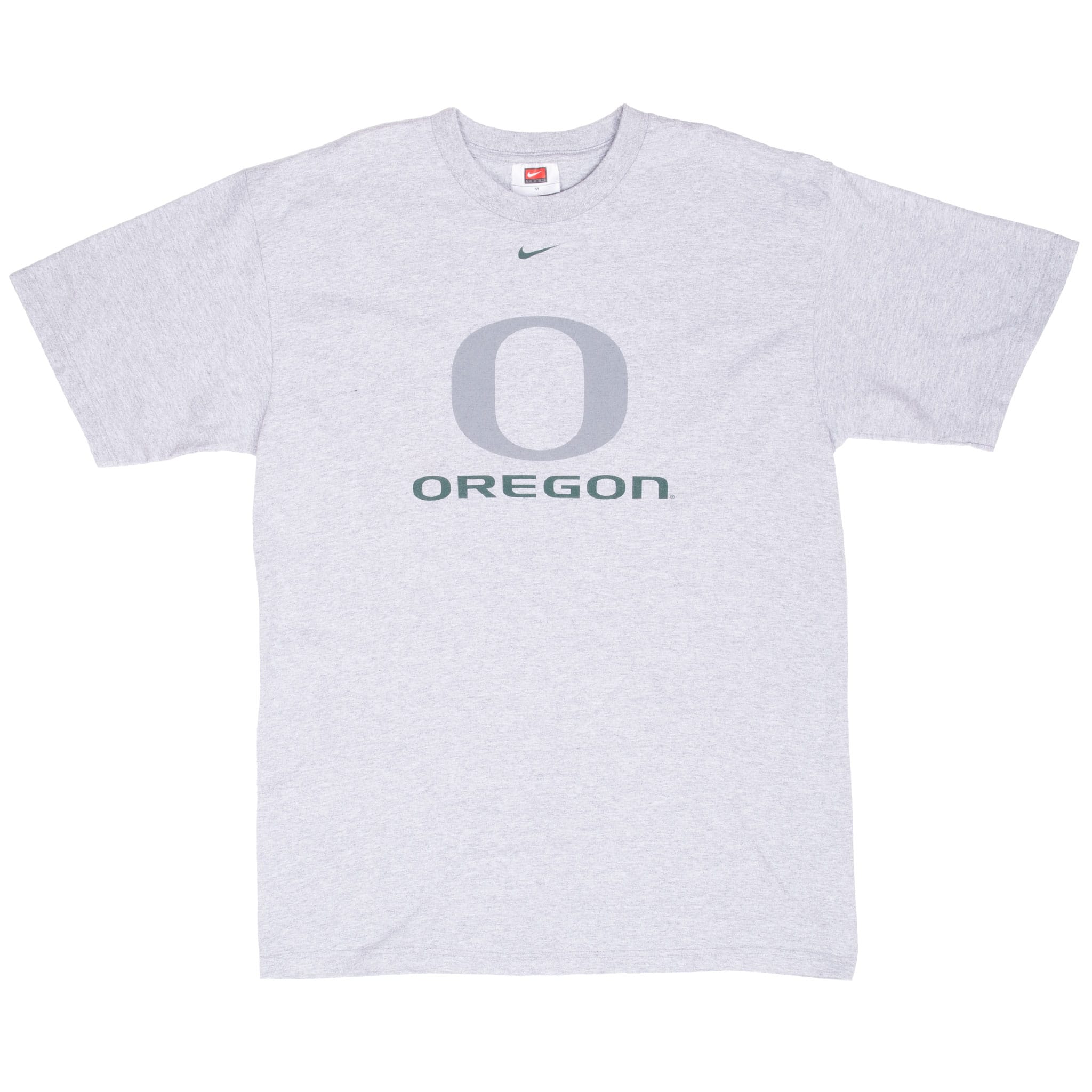 Full front view of gray Nike Oregon Ducks T-shirt with O logo and Oregon text