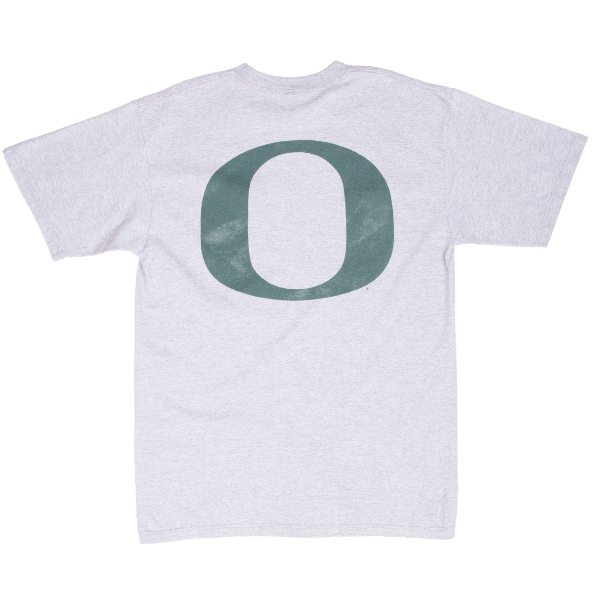 Back of gray Oregon Ducks T-shirt with large green O graphic