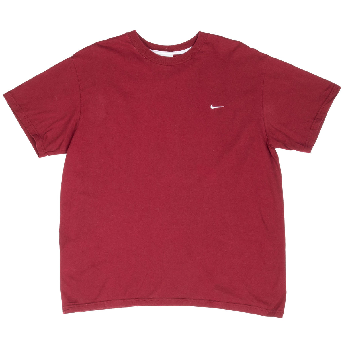 Front of burgundy Nike short-sleeve T-shirt with small white Swoosh embroidery