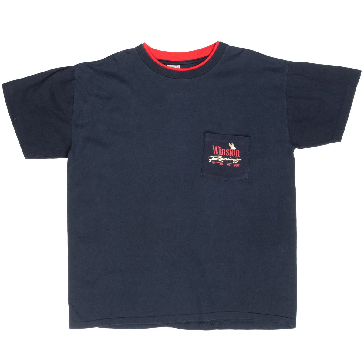 Front of black Winston Racing Team T-shirt with chest pocket logo and red collar