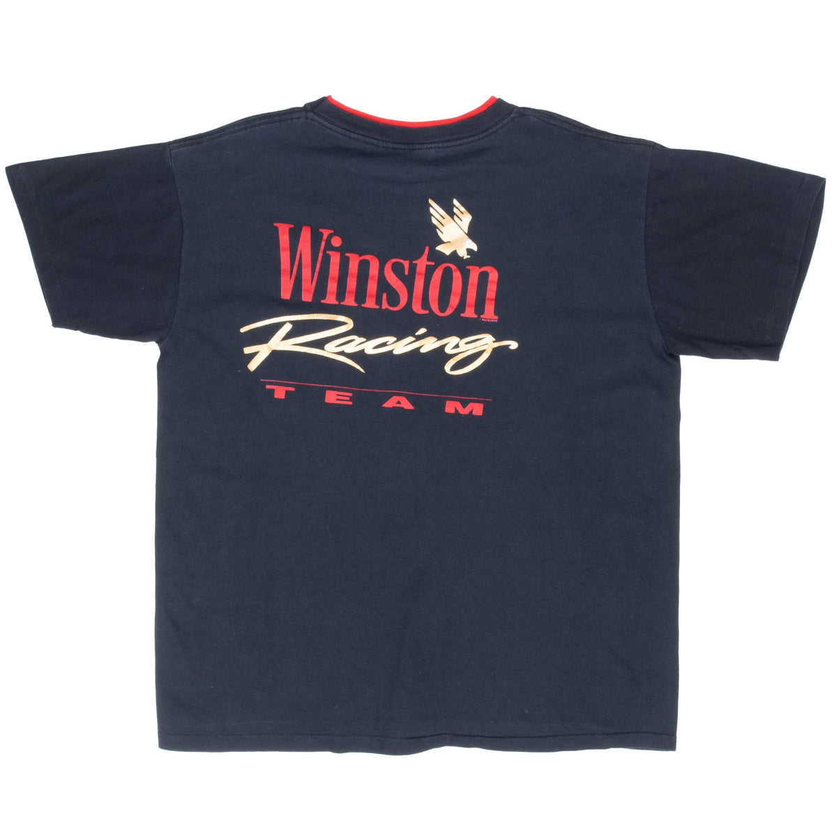Back of black Winston Racing Team T-shirt with large red and gold logo