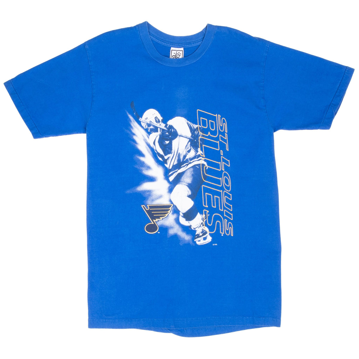 Full front of blue St. Louis Blues NHL T-shirt with player and team logo print