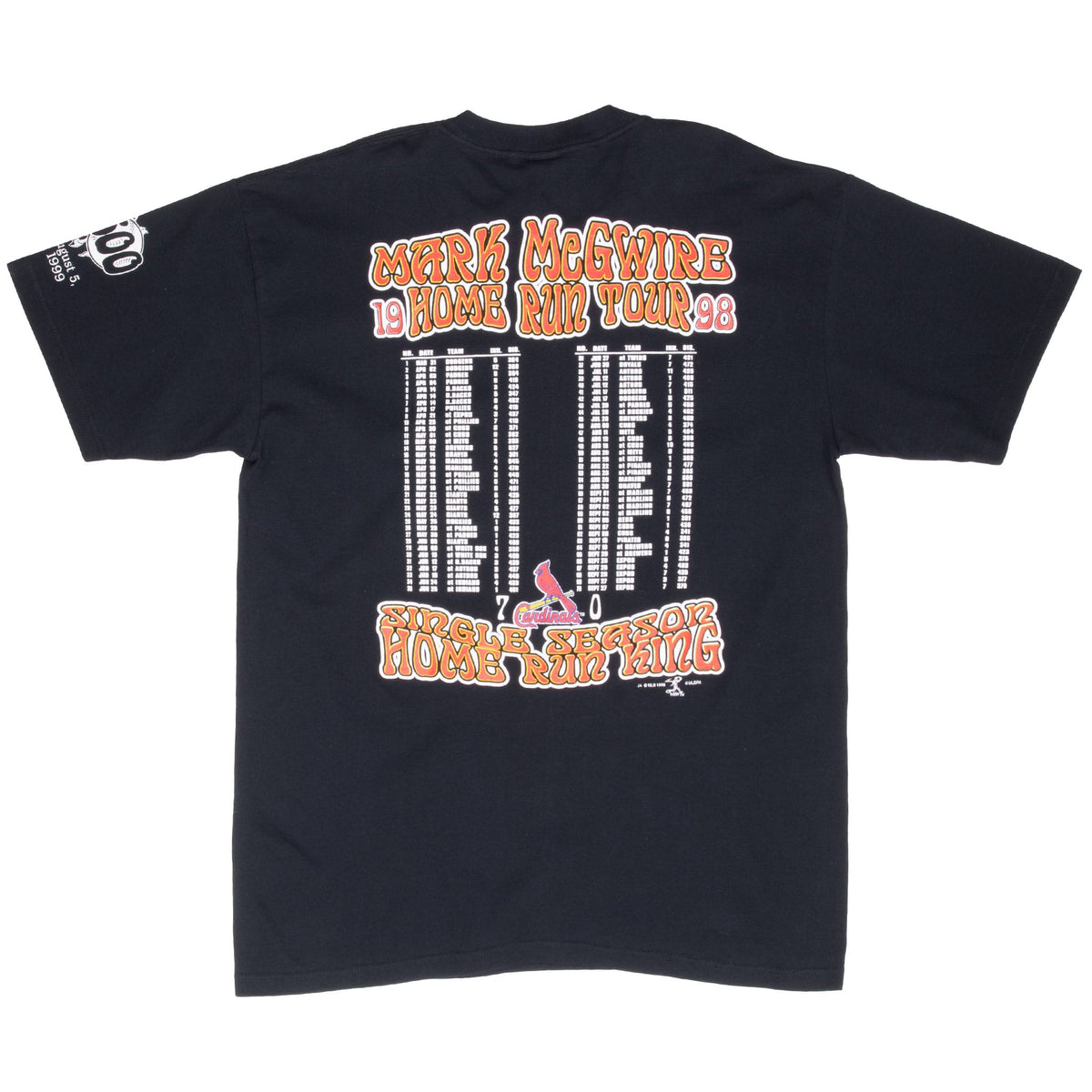 Back of black Mark McGwire 1998 Home Run Tour T-shirt with game list graphic