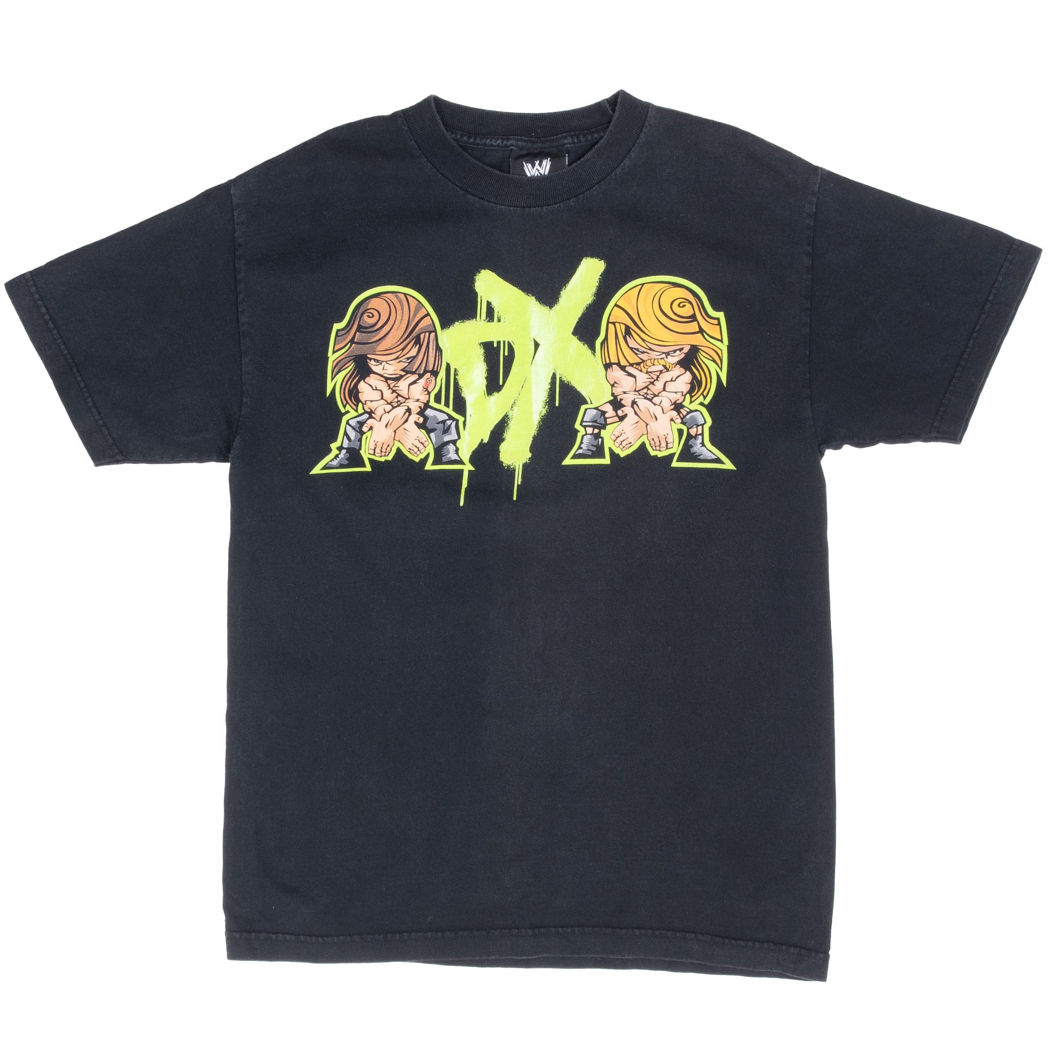 Full front view of black WWE D-Generation X T-shirt with neon green DX graphic