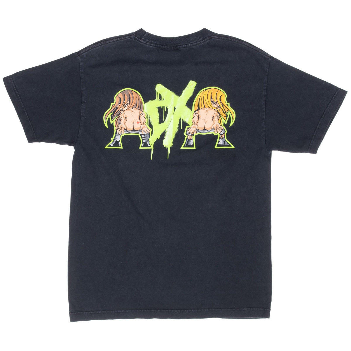 Back of black WWE D-Generation X T-shirt with neon green DX logo and cartoon wrestlers