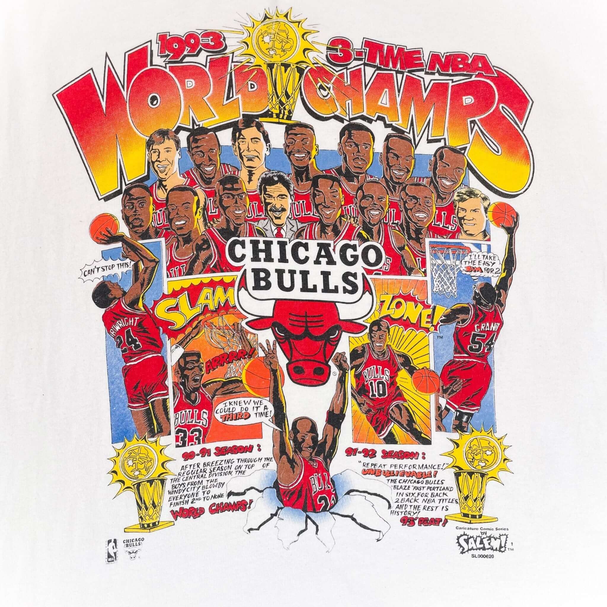 Vintage White NBA Chicago Bulls 1993 3 Times Champions Tee Shirt Size Medium With Single Stitch Sleeves. Made In USA.\