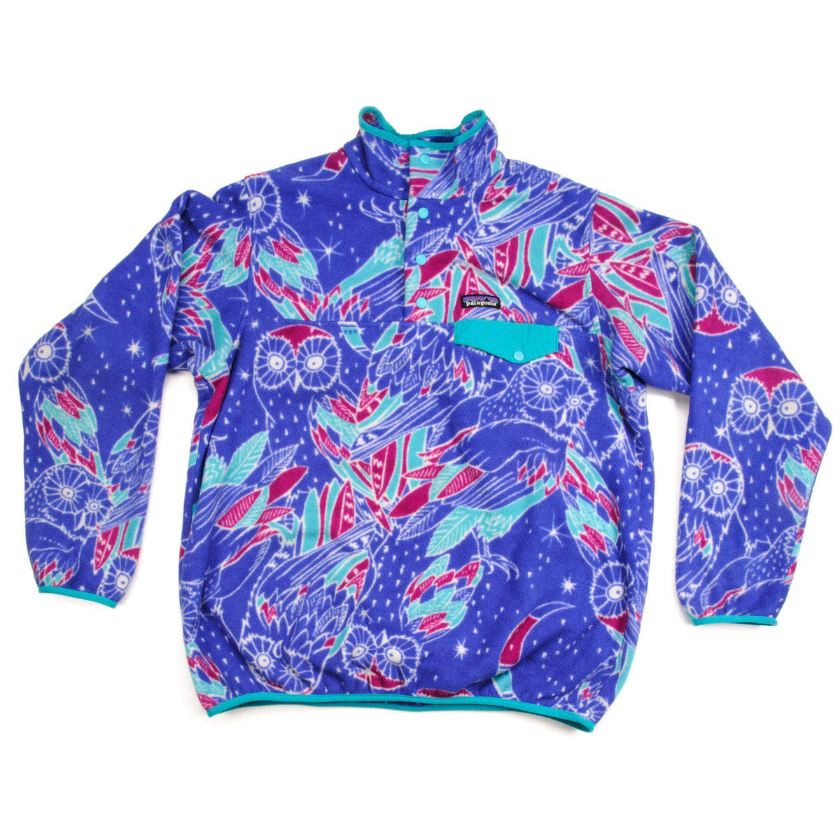 Front of Patagonia women's Snap-T blue fleece pullover with allover owl, moon and star print