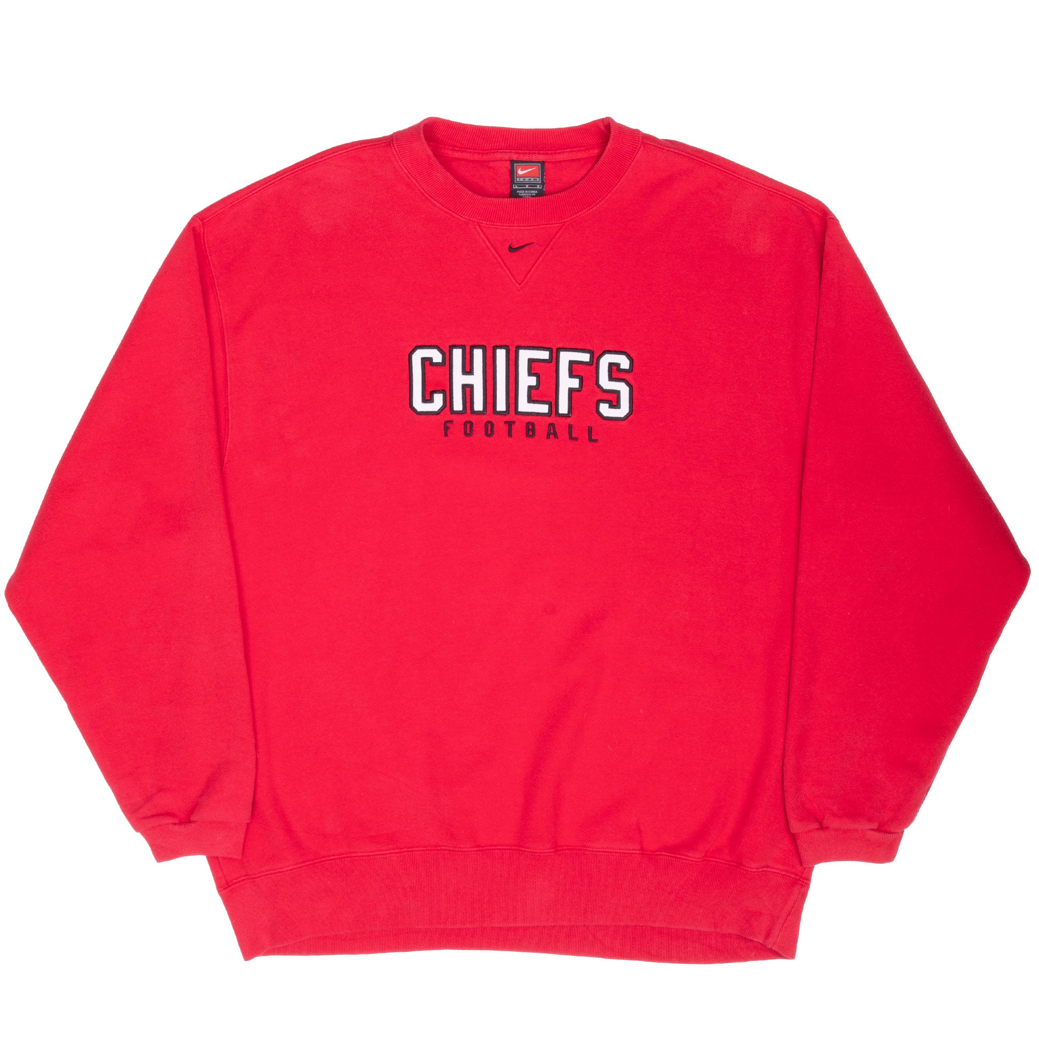 Full front view of red Nike Kansas City Chiefs football sweatshirt
