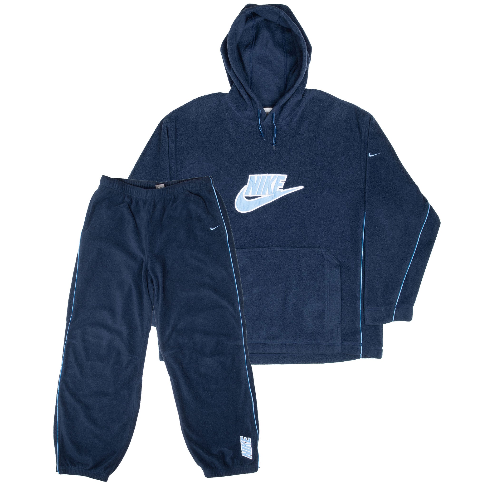 VINTAGE NIKE BIG SWOOSH BLUE FLEECE TRACK SUIT SWEATSHIRT SWEATPANTS 2000S XL