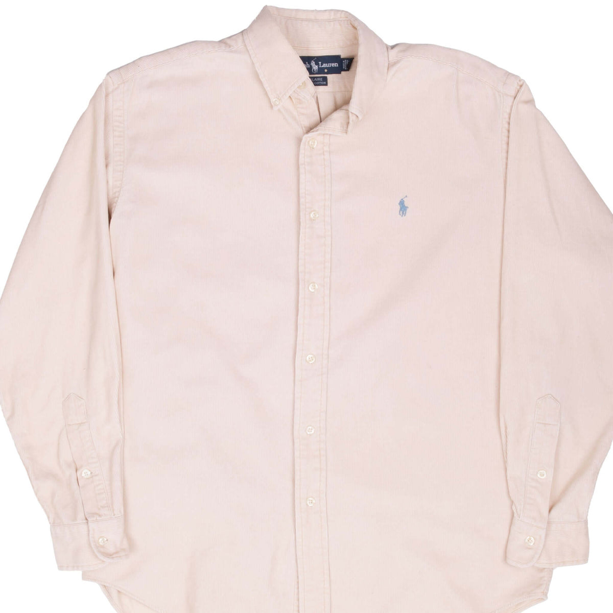 Front detail of beige Ralph Lauren corduroy shirt with button collar and blue pony logo