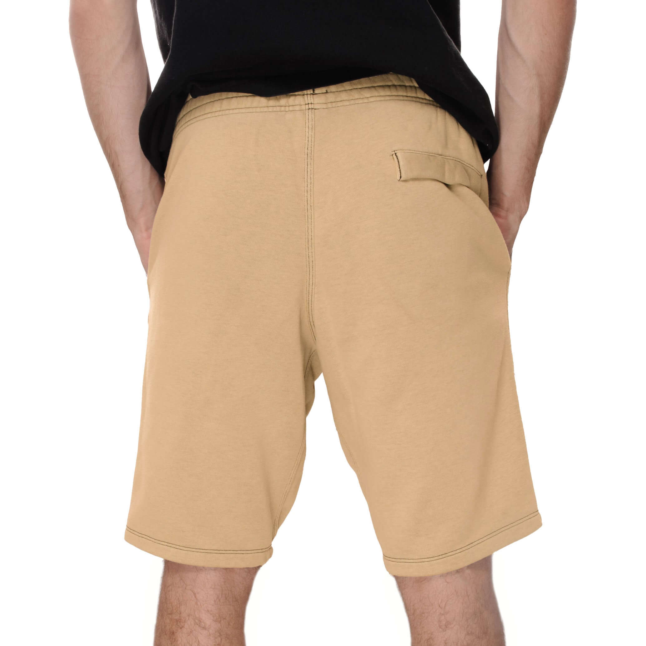 Vintage Nike Classic Swoosh Custom Made In The USA Sandstone Mid Length Shorts Available in Size Small, Medium, Large and XL. Up-cycled from Nike Joggers and Dye to a Sandstone color Sizing: The Model is 5'7 wearing a Size Medium