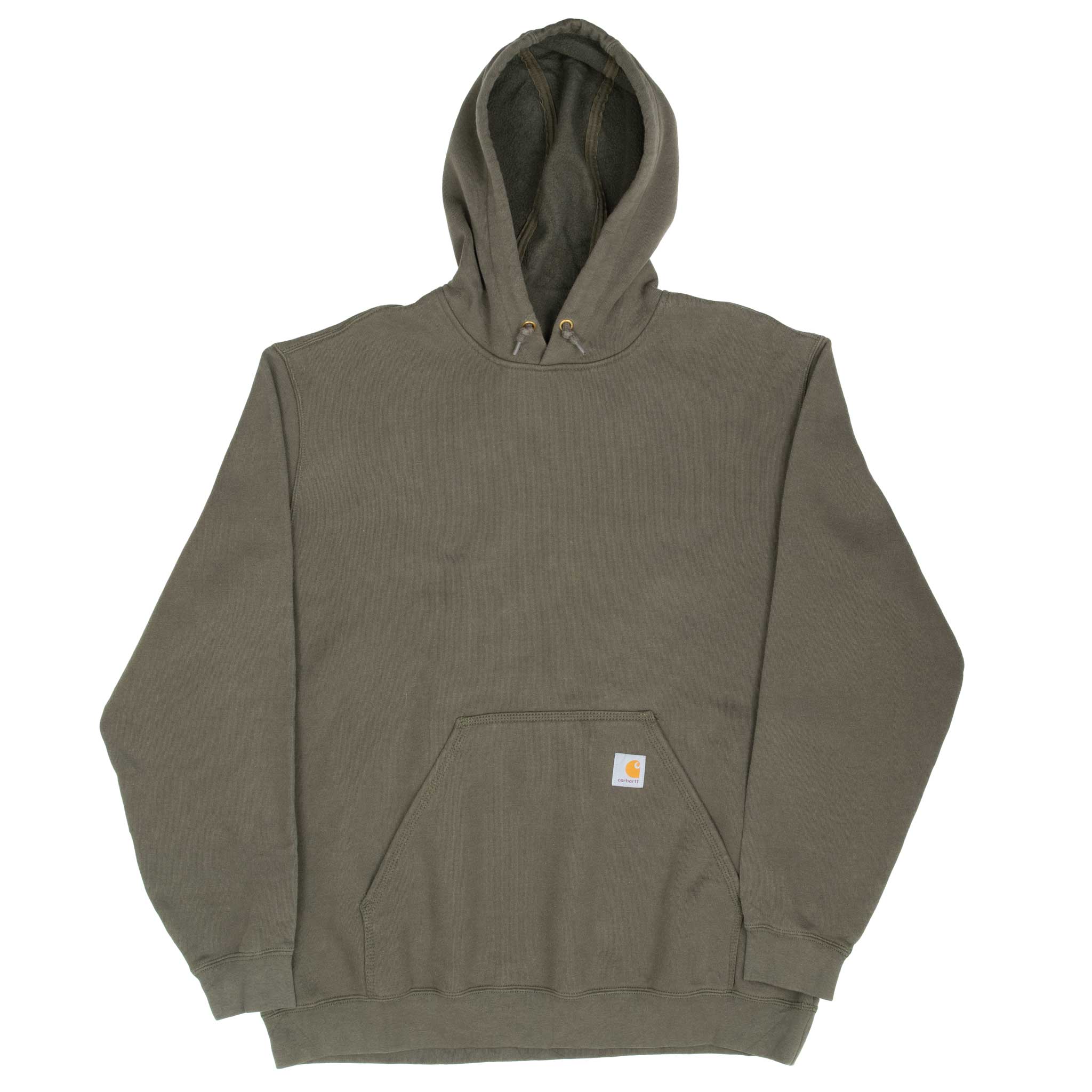 Front view of green Carhartt pullover hoodie with drawstring hood and ribbed hem