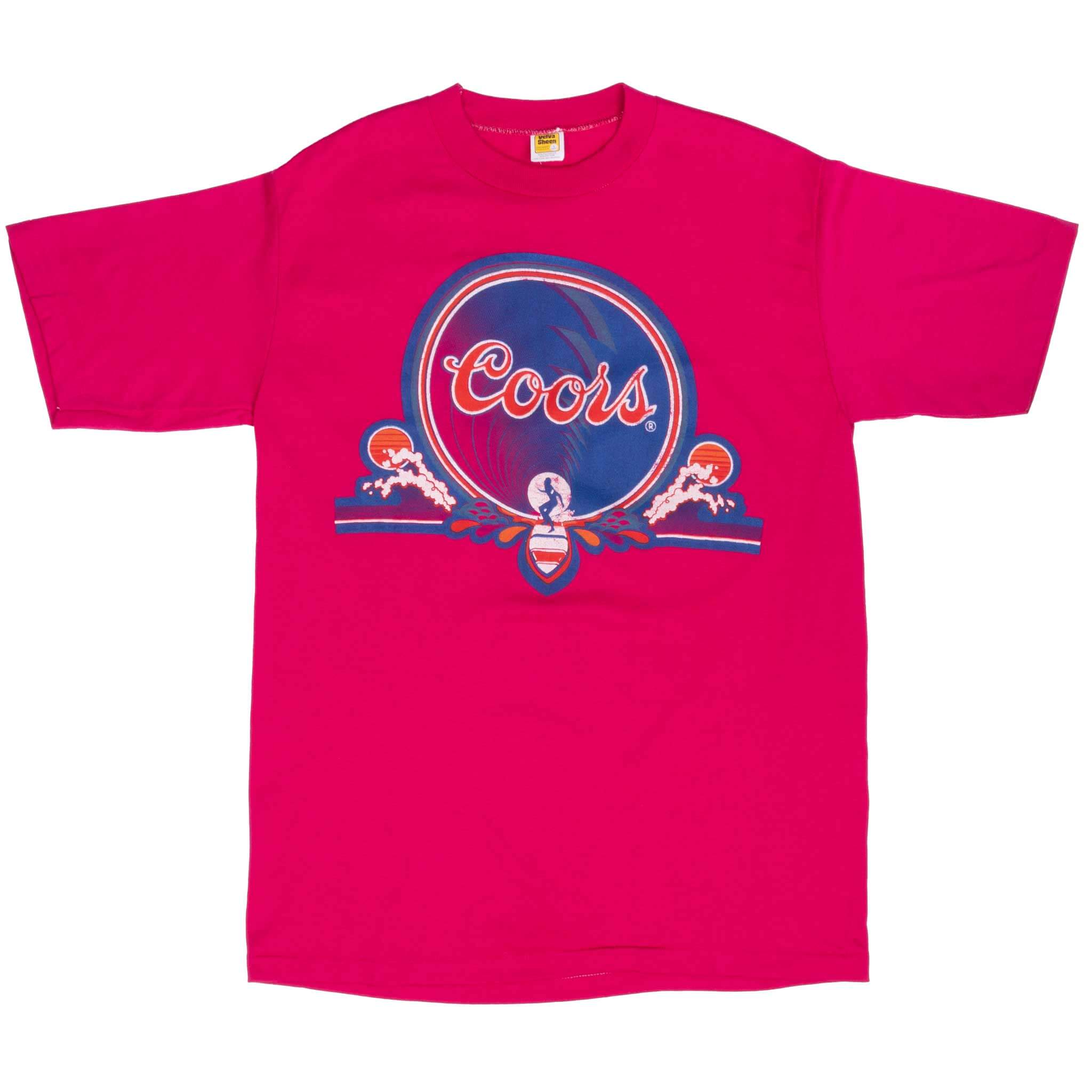 Full front view of pink Coors beer T-shirt with surfing graphic
