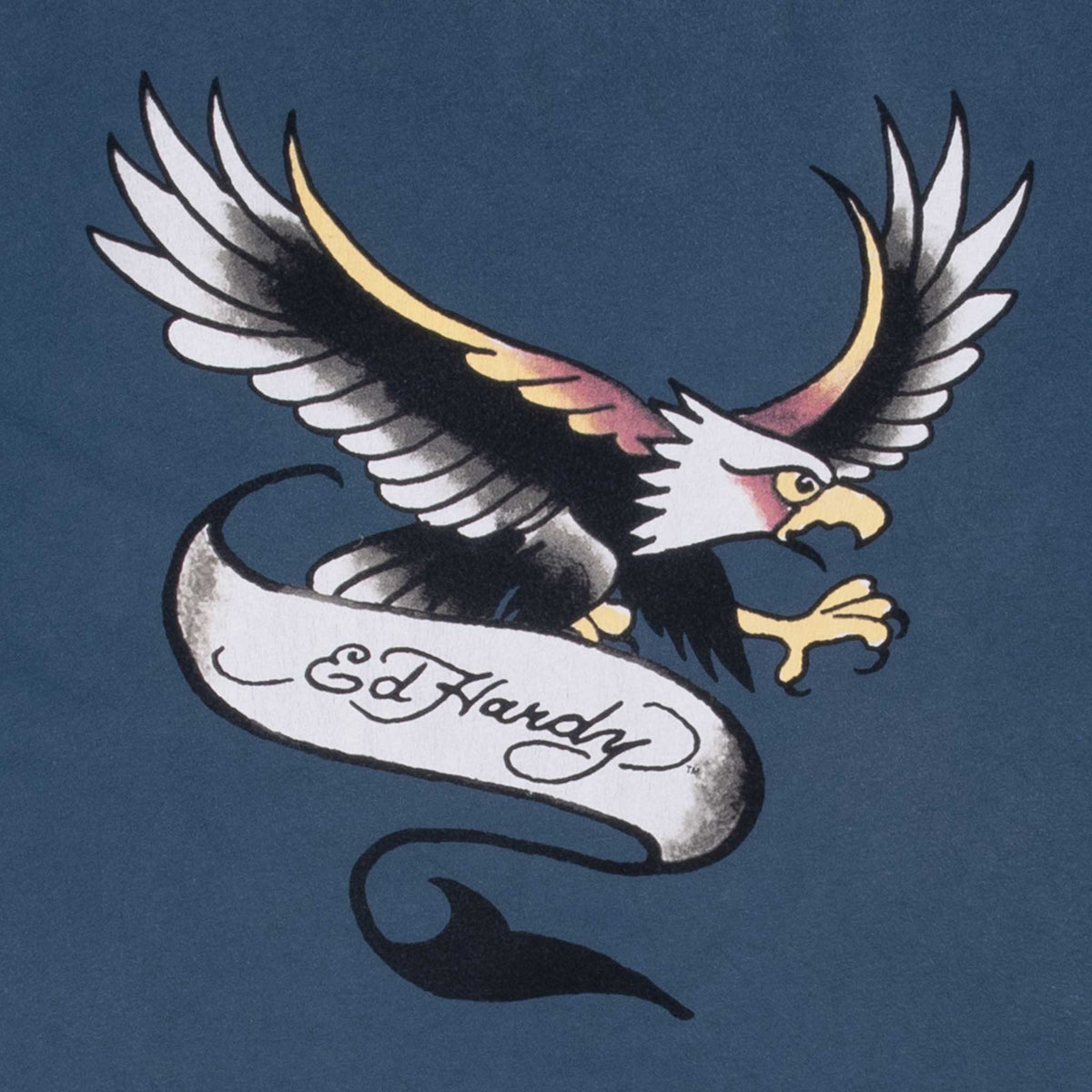 Close-up of eagle and Ed Hardy scroll graphic on blue T-shirt