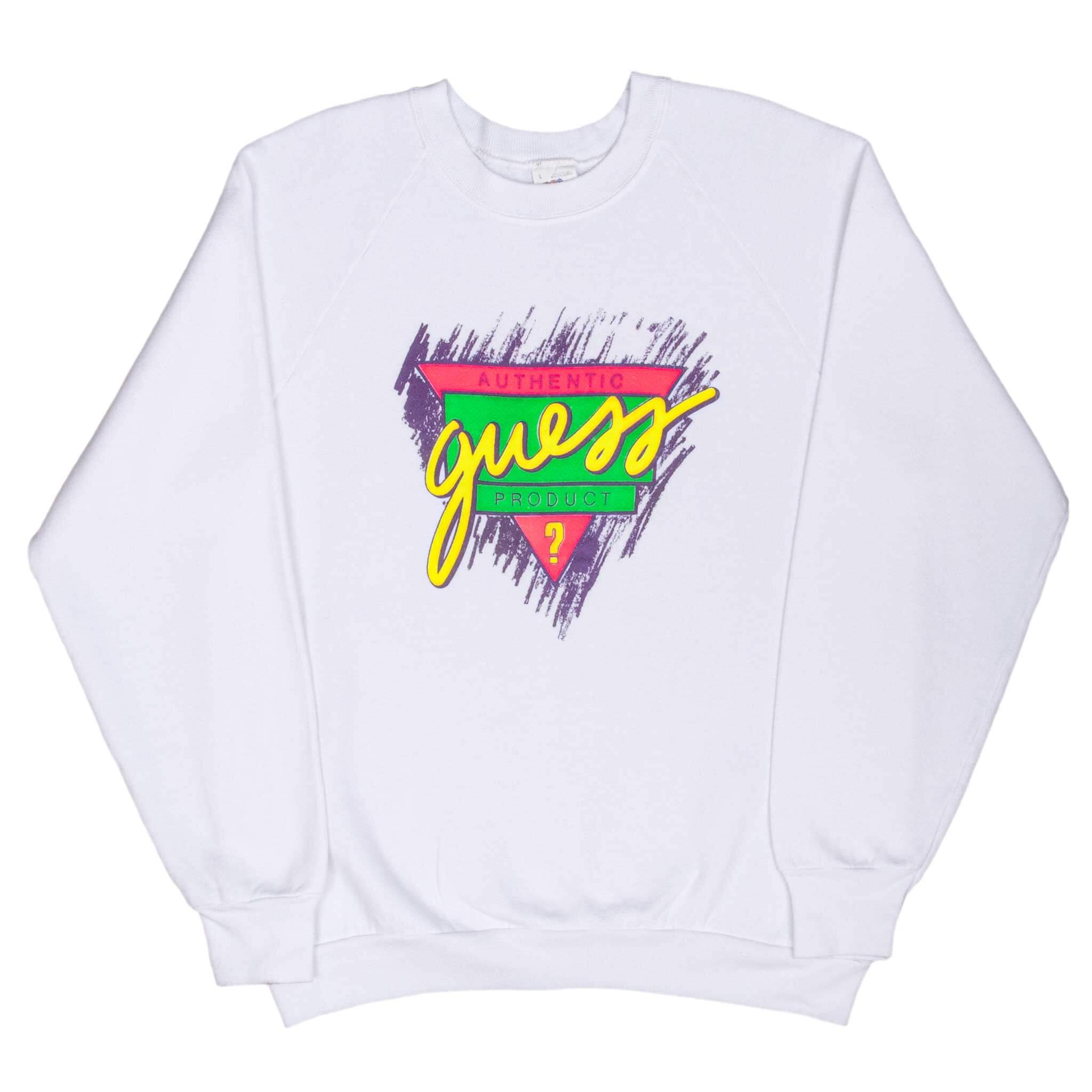 Vintage Guess Bootleg Fruit Of The Loom White Sweatshirt 1990S Large Made In Usa