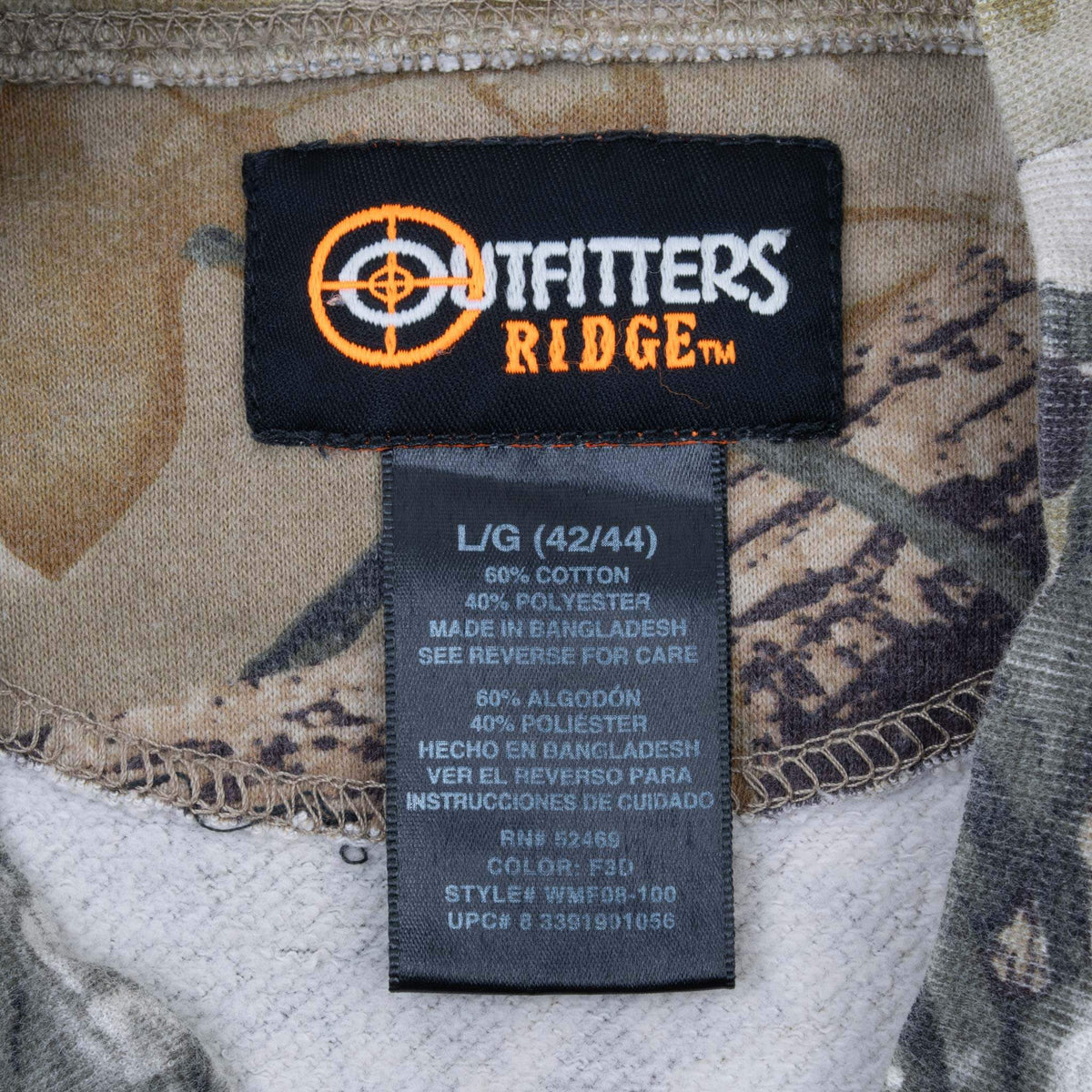 Outfitters Ridge neck label and large size tag inside camouflage sweatshirt