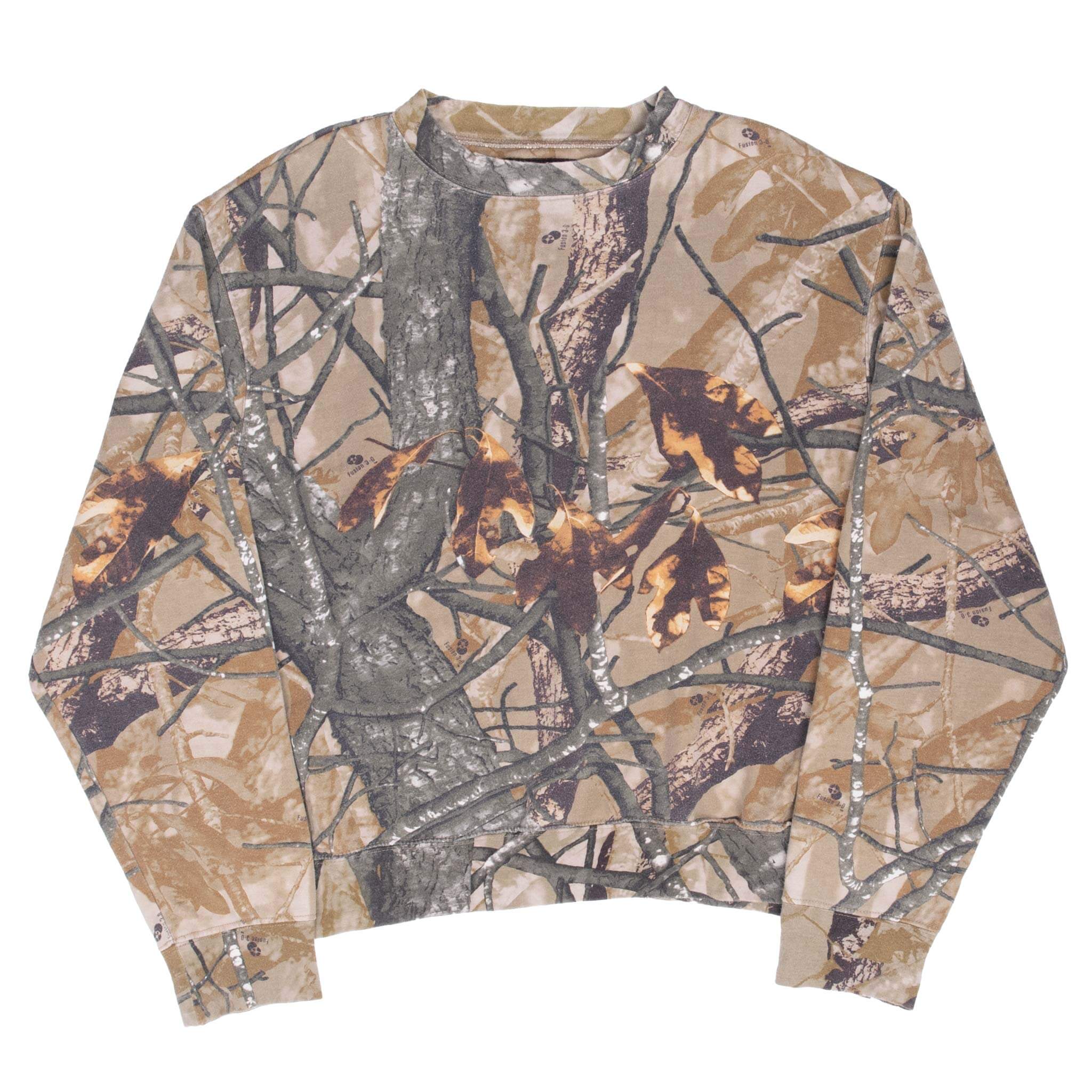 Front of Hunting Fusion 3-D crewneck sweatshirt in tan tree and autumn leaf camouflage
