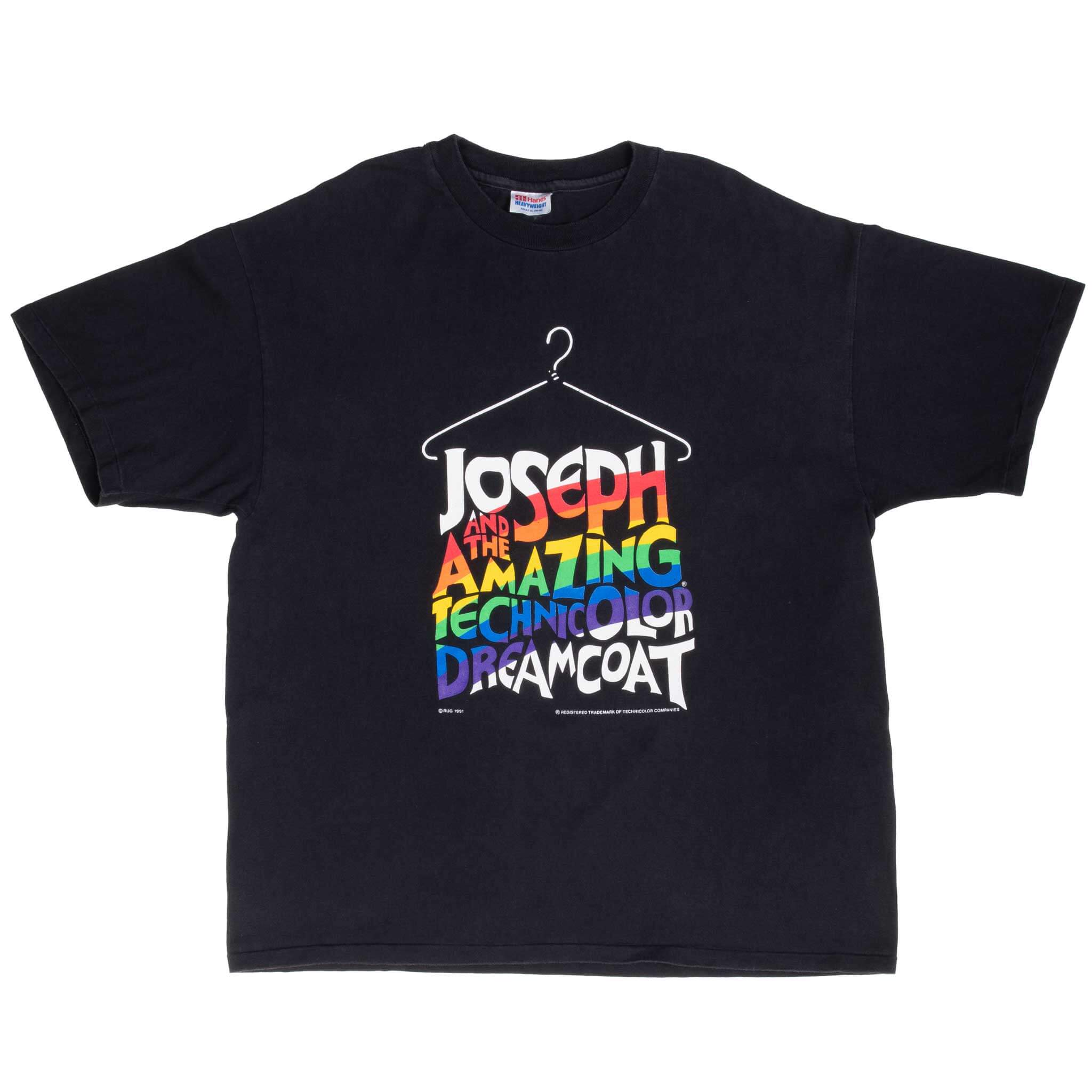 Full front view of black Joseph and the Amazing Technicolor Dreamcoat graphic T-shirt