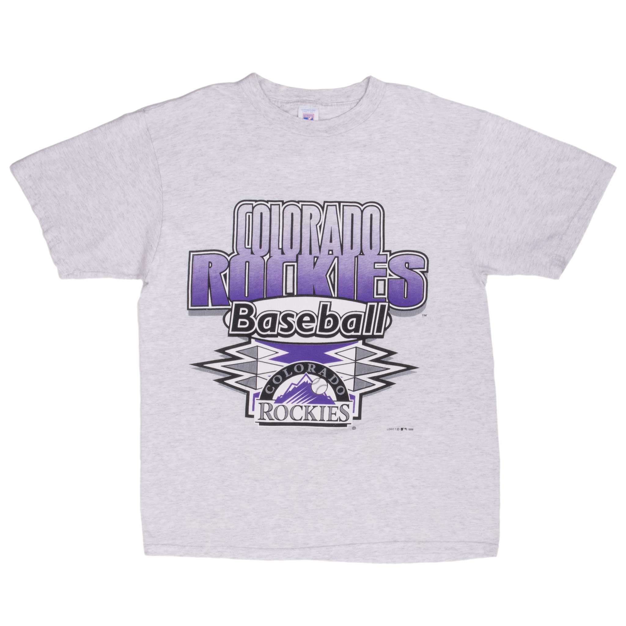 Full front view of grey Colorado Rockies T-shirt with purple Baseball graphic