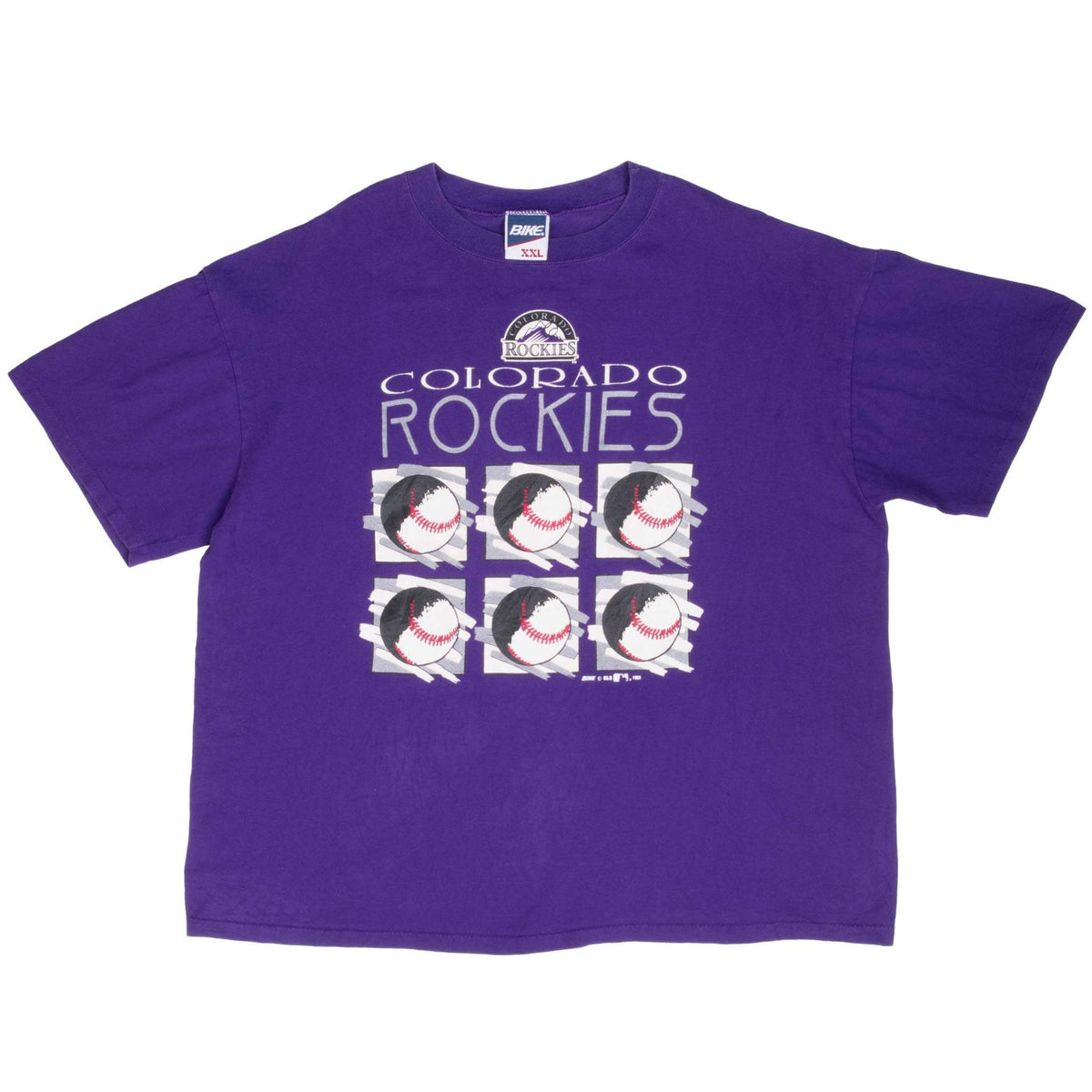 Full front view of purple Colorado Rockies T-shirt with six-baseball graphic