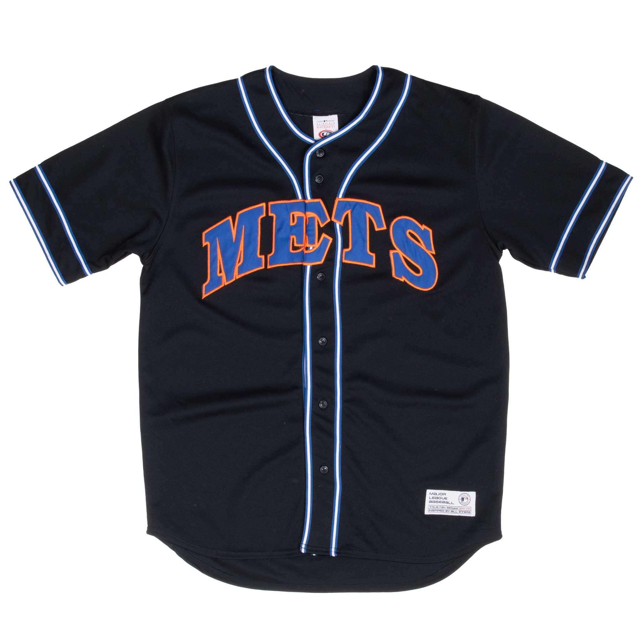 Front of black New York Mets True Fan jersey with blue and orange trim
