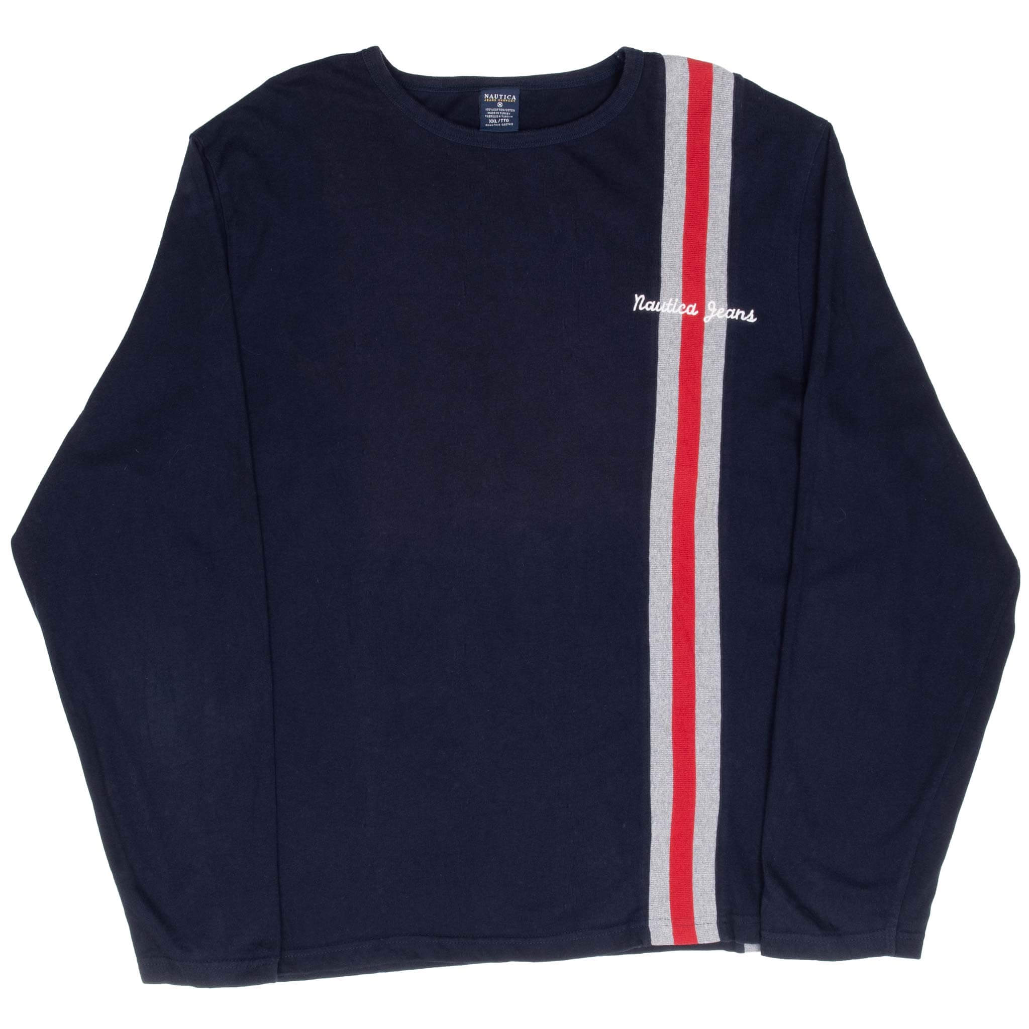 Full front of navy Nautica Jeans long-sleeve T-shirt with striped chest design