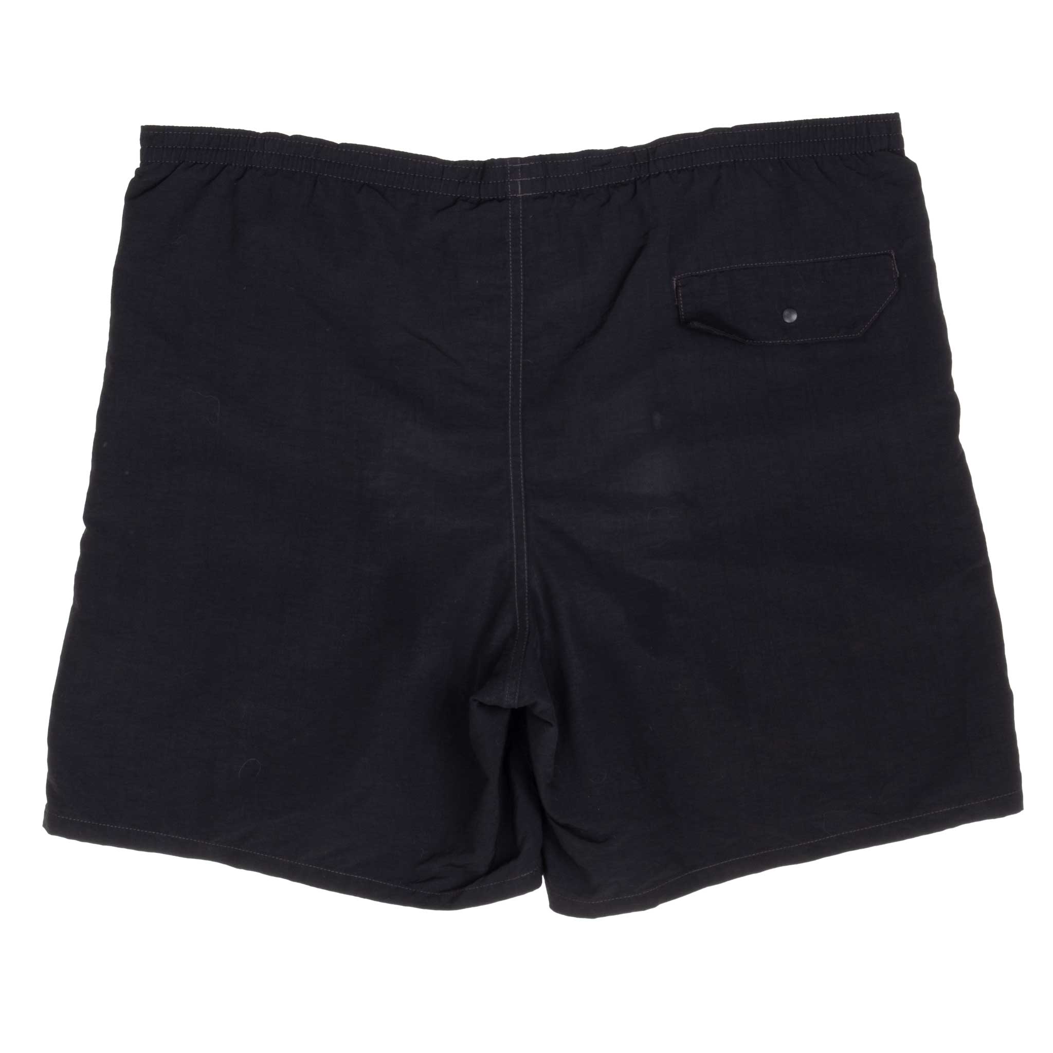 Back of black Patagonia swimming shorts with buttoned rear pocket