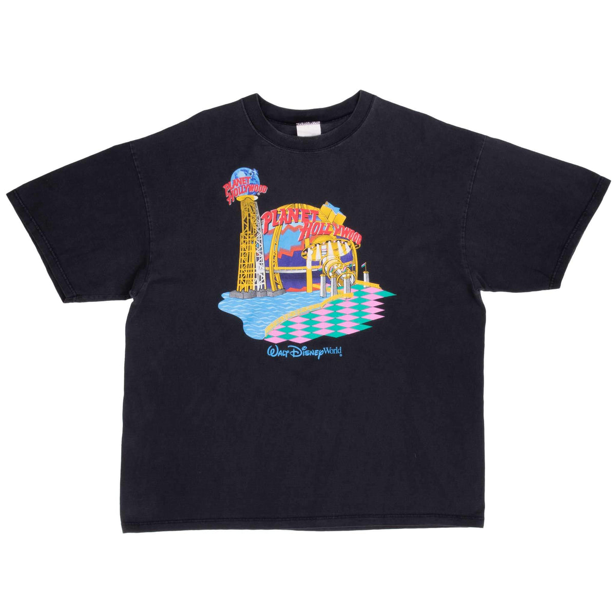 Full front view of black Planet Hollywood Walt Disney World graphic T-shirt